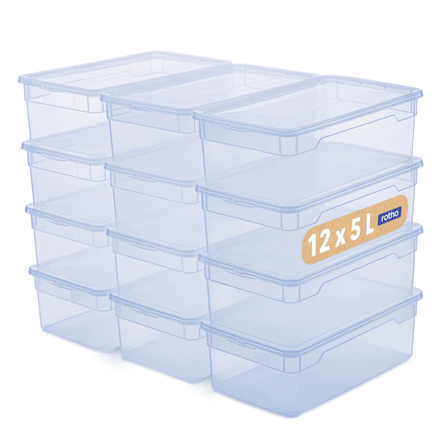 Rotho Clear Box 12x Storage Boxes 5 L with Lid, Stackable 33 x 19 x 11 cm