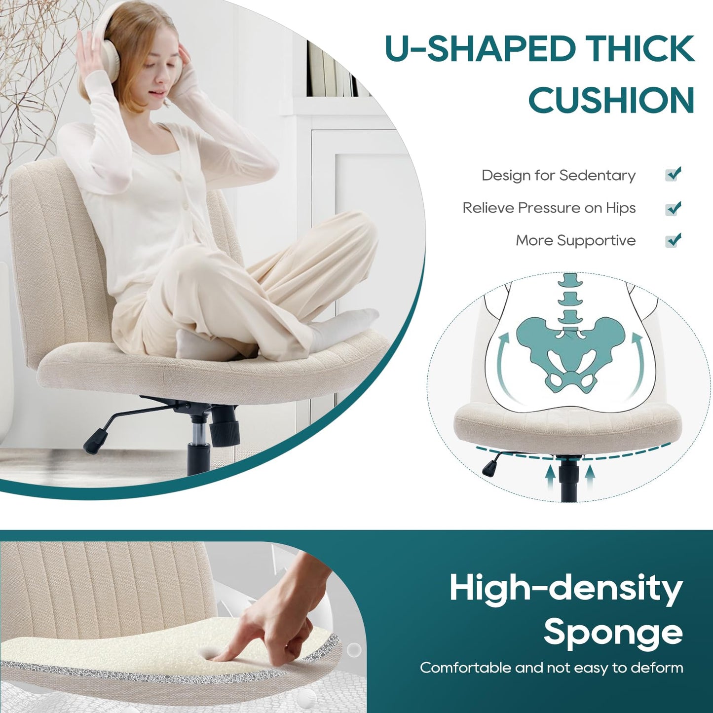 COLAMY Wide Office Chair, Padded Armless Task Vanity Chair Swivel Home Office 115°Rocking Mid Back Ergonomic Computer Chair for Home Working, Make Up