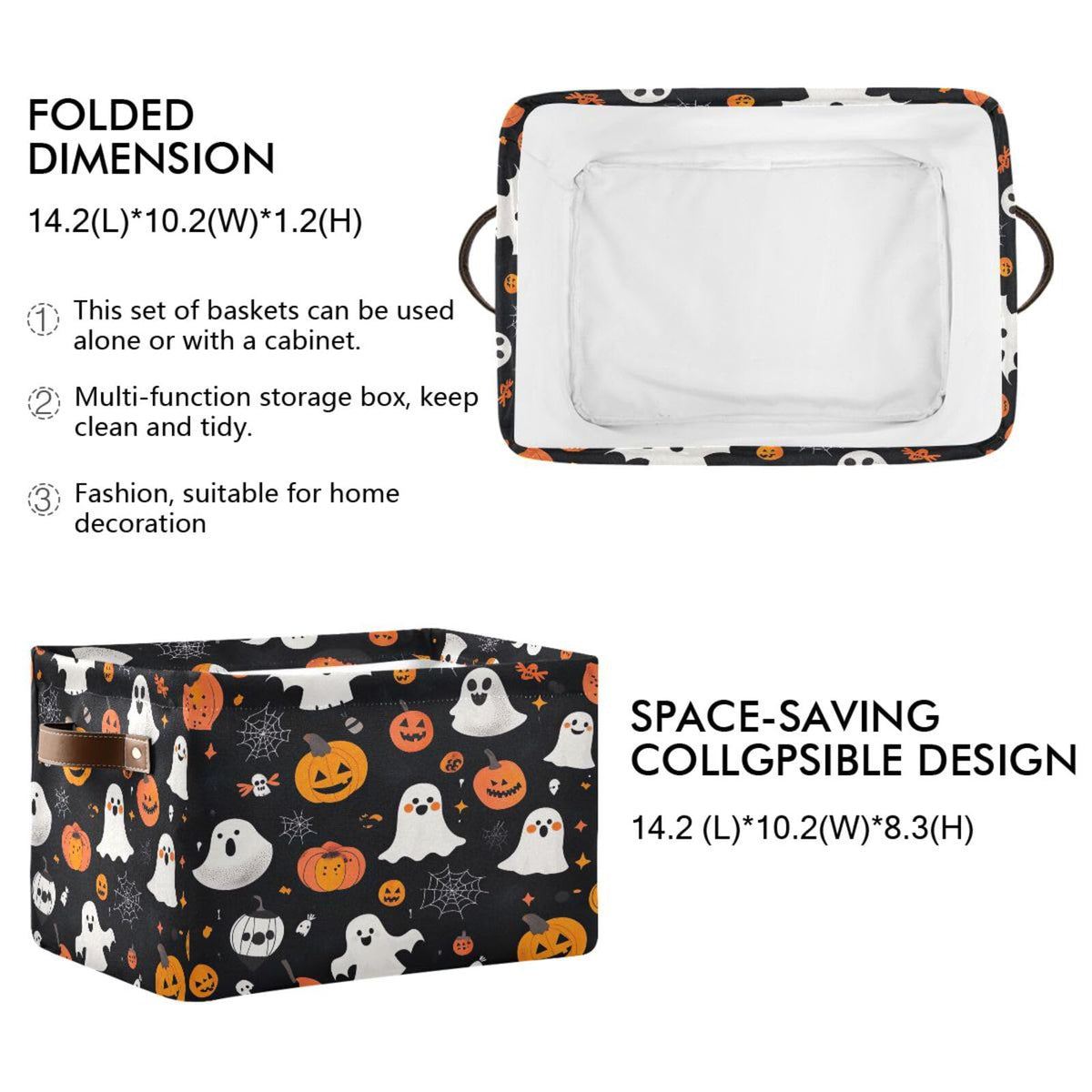 Cgiub Halloween Boo Storage Basket Foldable Halloween Box Fabric Storage Bin with Handles Closet Organiser Boo Basket for Trick-or-Treat, Bedroom