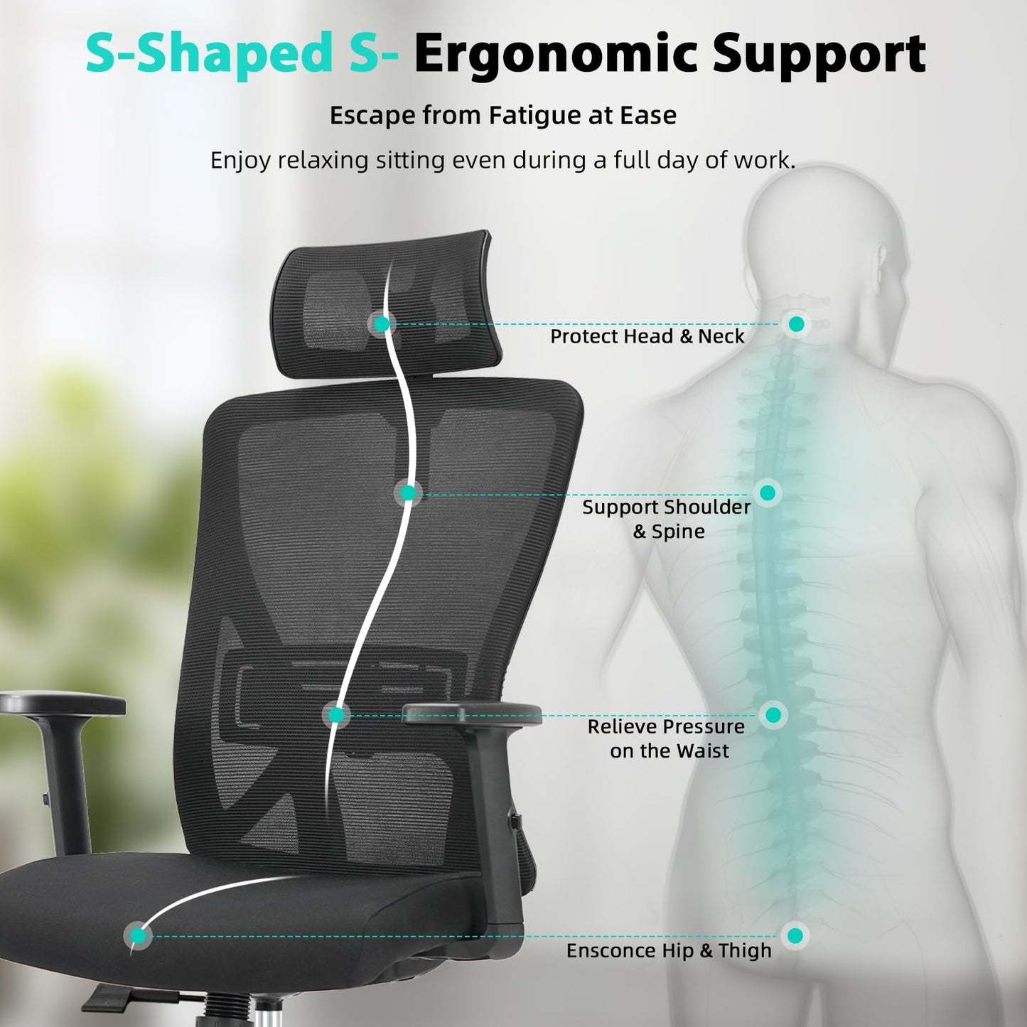 Durrafy Ergonomic Office Chair, Desk Chair with Adjustable Lumbar Headrest and Armrest, Office Chairs Support up to 150 kg