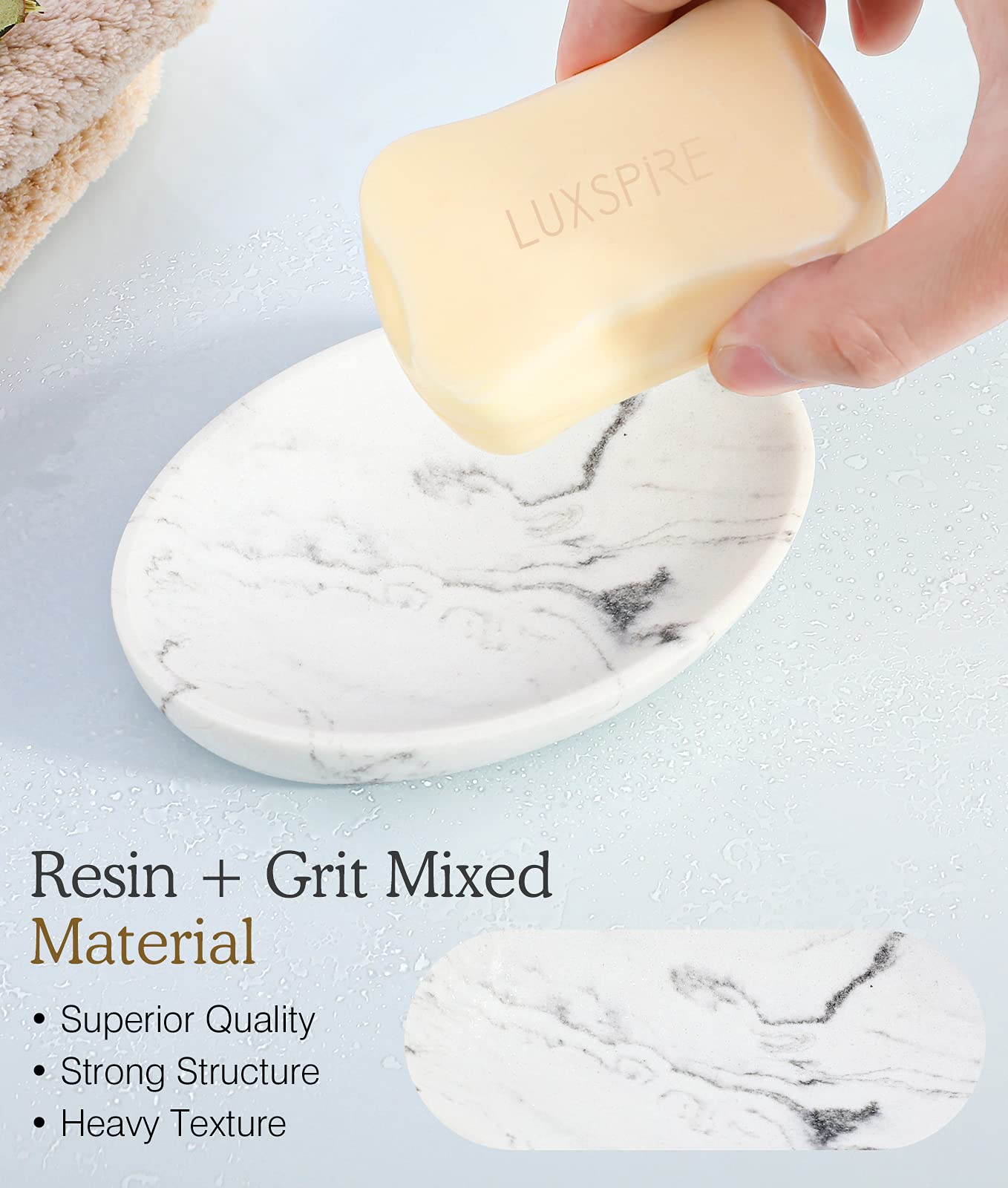 Luxspire Oval Soap Dish, Resin soap holder for Bathroom, Gravel White