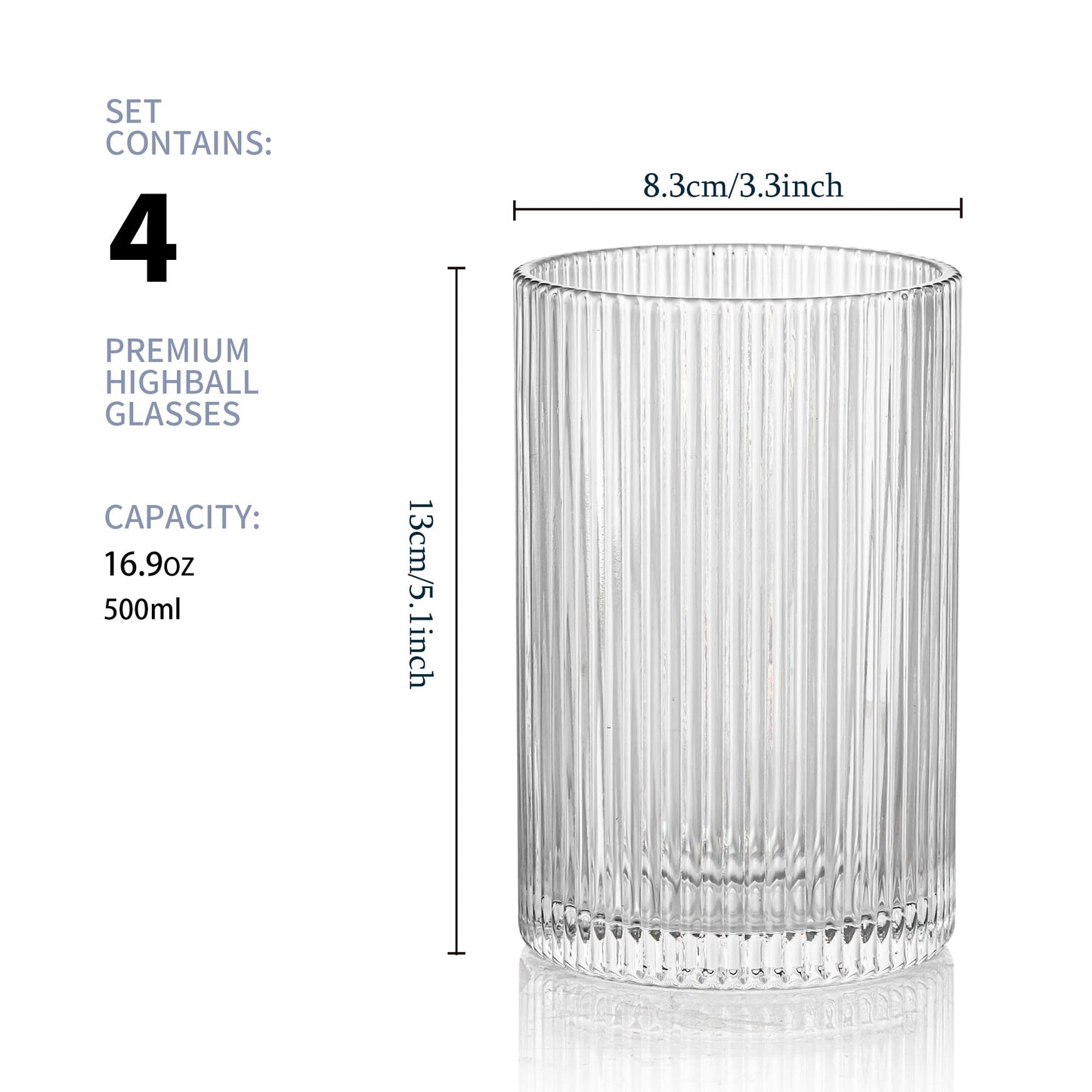 POLIDREAM Vintage Ribbed Glassware Set: 4pcs 16.9oz XL Drinking Glasses, Fluted Ripple Drinkware, Origami Style, Elegant Glassware for Whiskey,