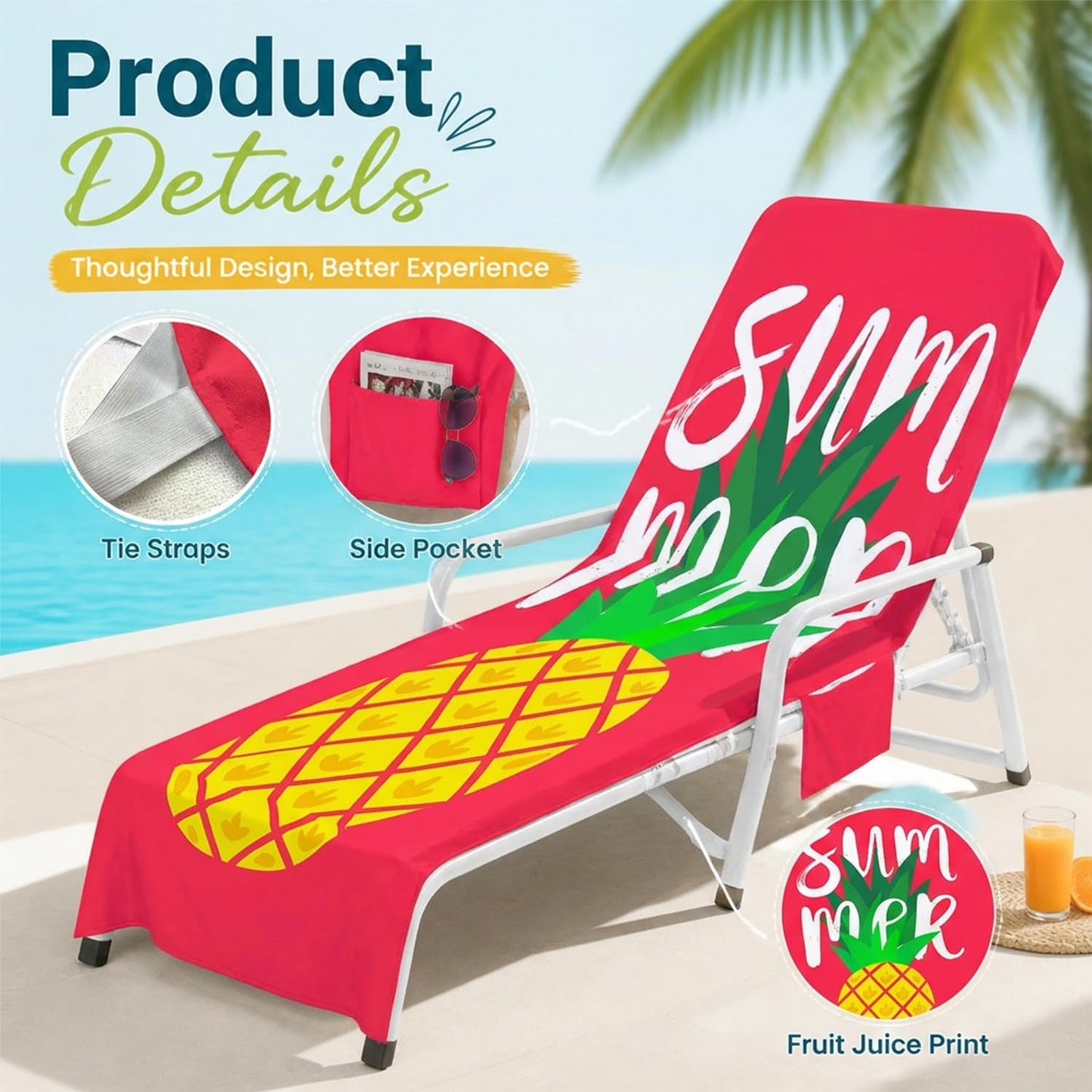 Surwin Sun Lounger Towel with Pockets, 3D Juice Print Quick Dry Beach Towel, Microfiber Sunbed Towels Travel Lounger Bag for Loungers Summer Holiday
