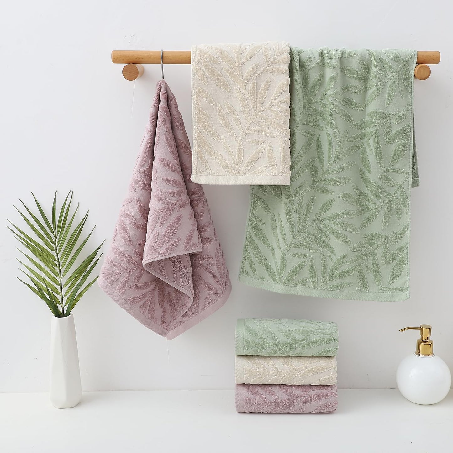 Pidada Hand Towels Set of 2 Leaf Pattern 100% Cotton Absorbent Soft Decorative Towel for Bathroom (Green)