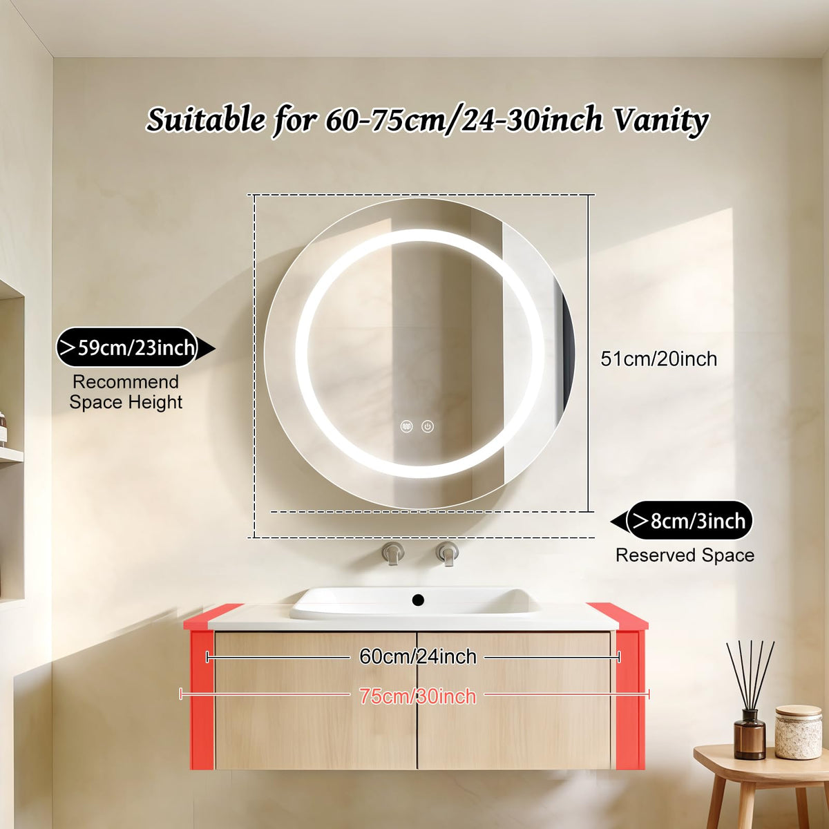 Janboe 51cm Round Mirror Cabinet with Lights,with Defogger,Dimmable,Anti-Fog,3 Colors,White
