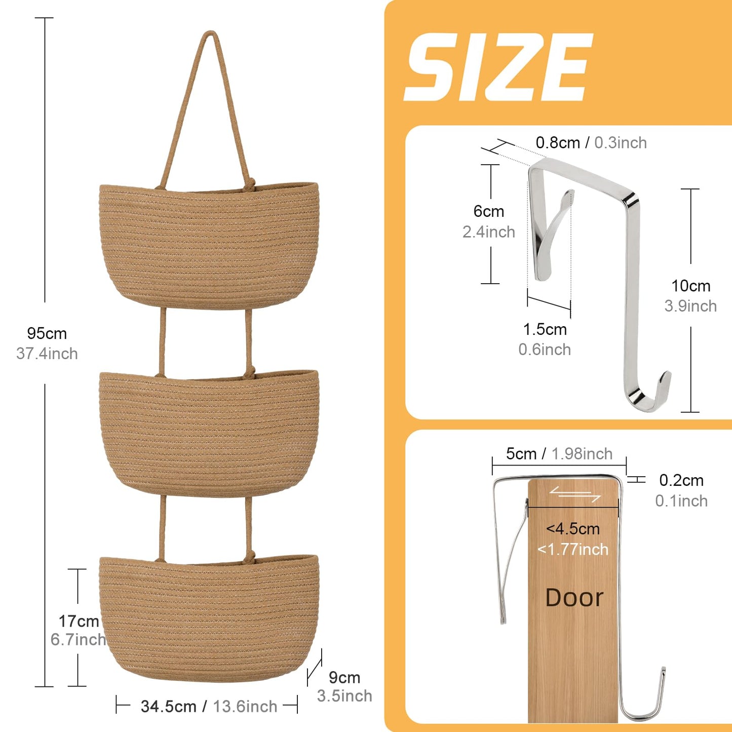 Autumnlife 3-Tier Over Door Storage Organiser, Woven Cotton Fabric Hanging Storage with Hooks, Space-Saving Back of Door Organiser for Bedroom