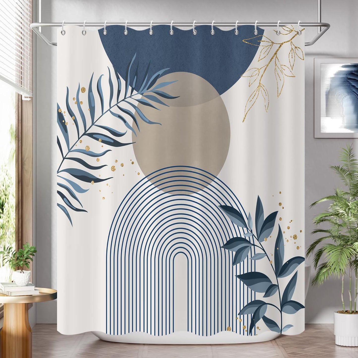 GCIREC Shower Curtain, 180x200cm, Blue Khaki Boho Mid Century Modern Abstract with Minimalist Leaf Waterproof Fabric Machine Washable Bathroom