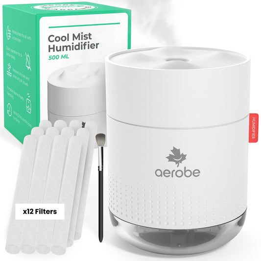 Aerobe Humidifier for Bedroom with 12 Extra Filters, 500ML Cool Mist Humidifiers for Home and Plants, Humidifiers for Baby with 12~16 Working Hours,