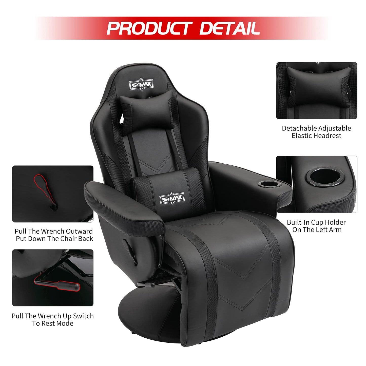 S*MAX Gaming Recliner Chair Ergonomic High Back Wide Lumbar Support Swivel PU Leather Cup Holder Adjustable Backrest Footrest Gaming Chair for Adults