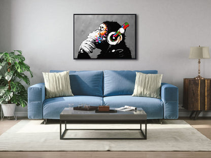 Wieco Art Black Framed Monkey With Headphones Banksy Graffiti Art Abstract Canvas Painting Posters and Prints Animal Canvas Wall Art for Wall Decor