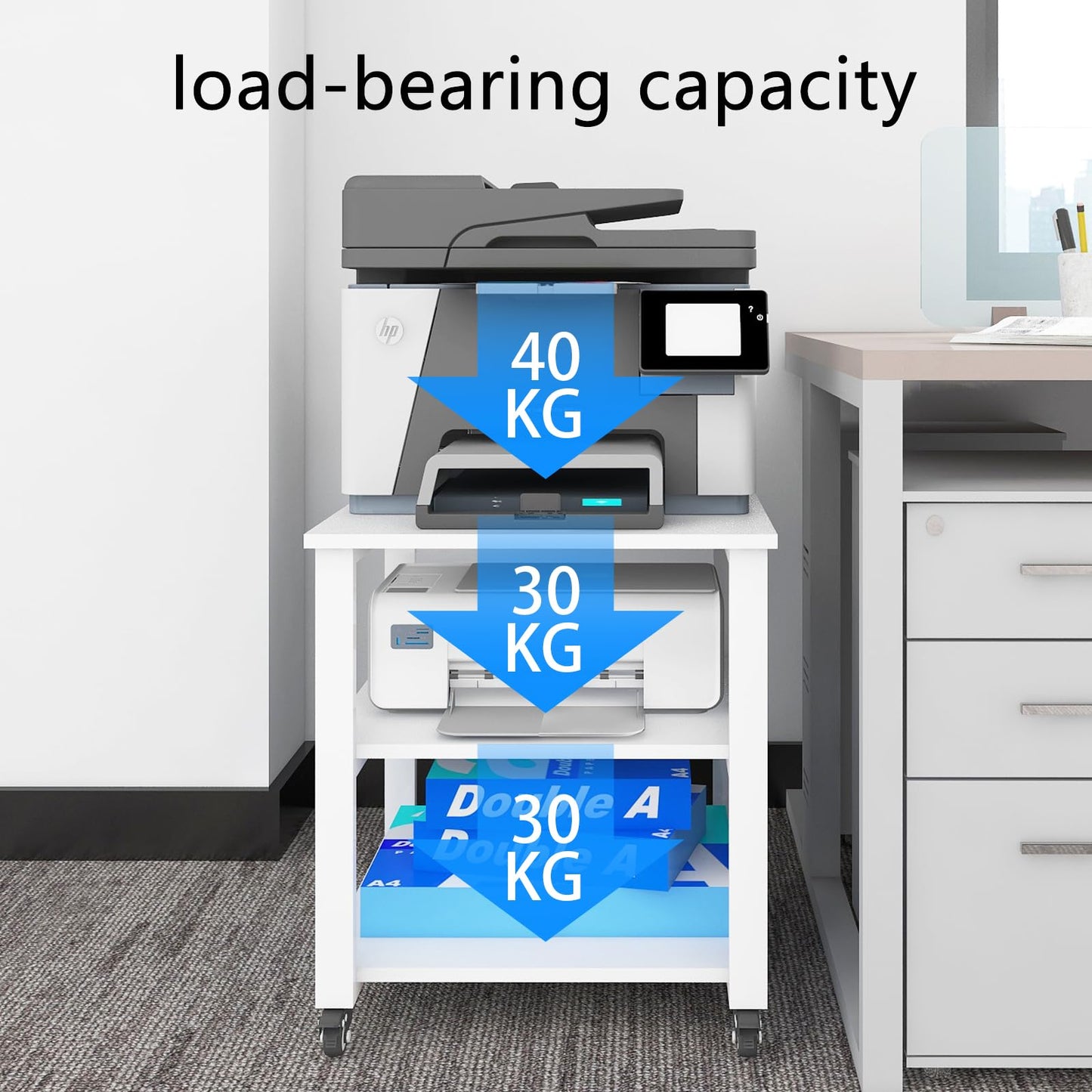 PUNCIA 3-Tier Laser Printer Stand with Storage 50x50x57.5cm Large Printer Table on Wheels Under Desk Storage Trolley Heavy Duty Rolling Cart Movable