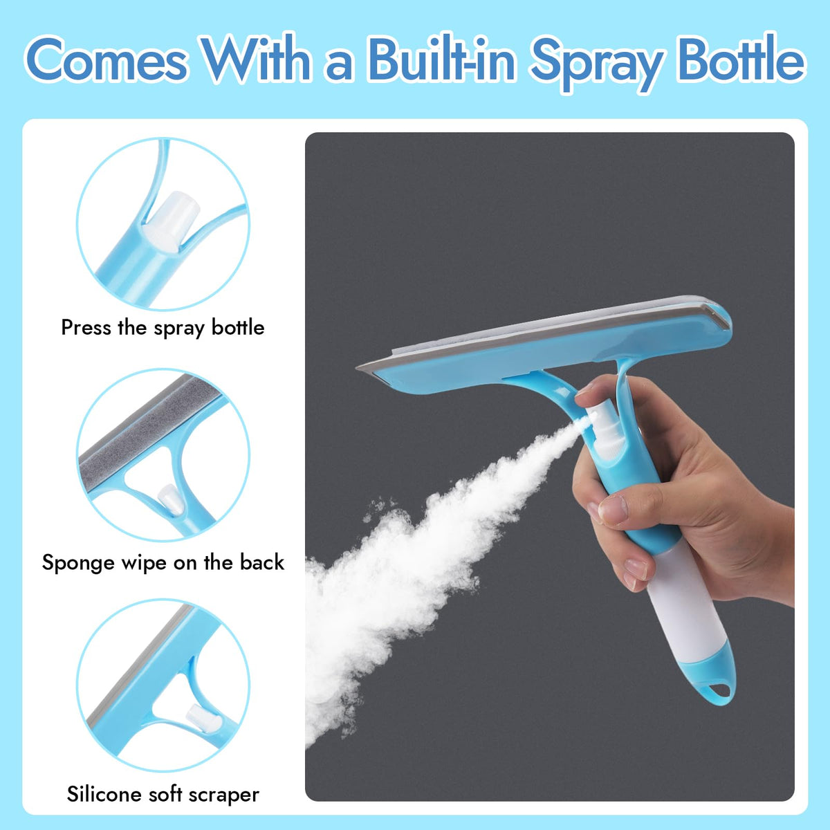 Shower Screen Wiper with Spray, 3 in 1 Window Glass Screen Cleaner Brush, Window Cleaning Kit, for Bathroom, Mirror and Car Glass blue