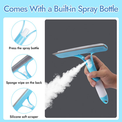 Shower Screen Wiper with Spray, 3 in 1 Window Glass Screen Cleaner Brush, Window Cleaning Kit, for Bathroom, Mirror and Car Glass blue