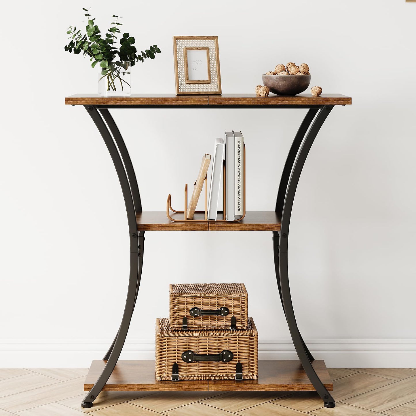 Trironsun Rustic Narrow Console Table with 3 Tiers, Slim Hallway Table with Curved Metal Frame and Open Shelves