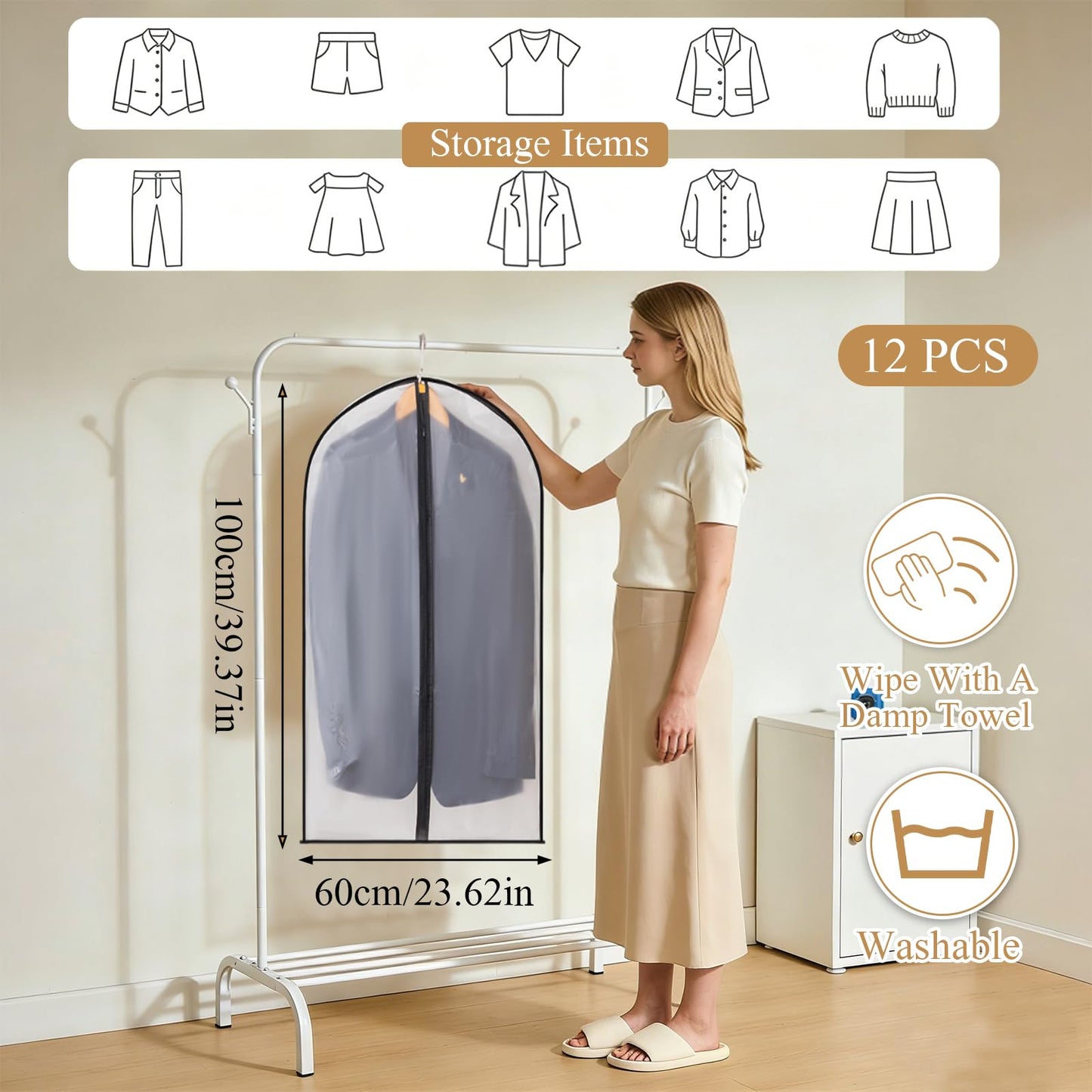 YiZhou 12 Pack Translucent PEVA Garment Bags, 60×100cm Suit Storage Covers