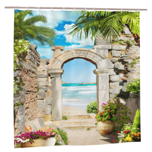 YUAOEUR 3D Landscape Garden Shower Curtain 79X72 Inch Stone Arch Sea Side View with Palm Trees Flowers Blue Sky Outdoor Picture Garden Bathroom Decor