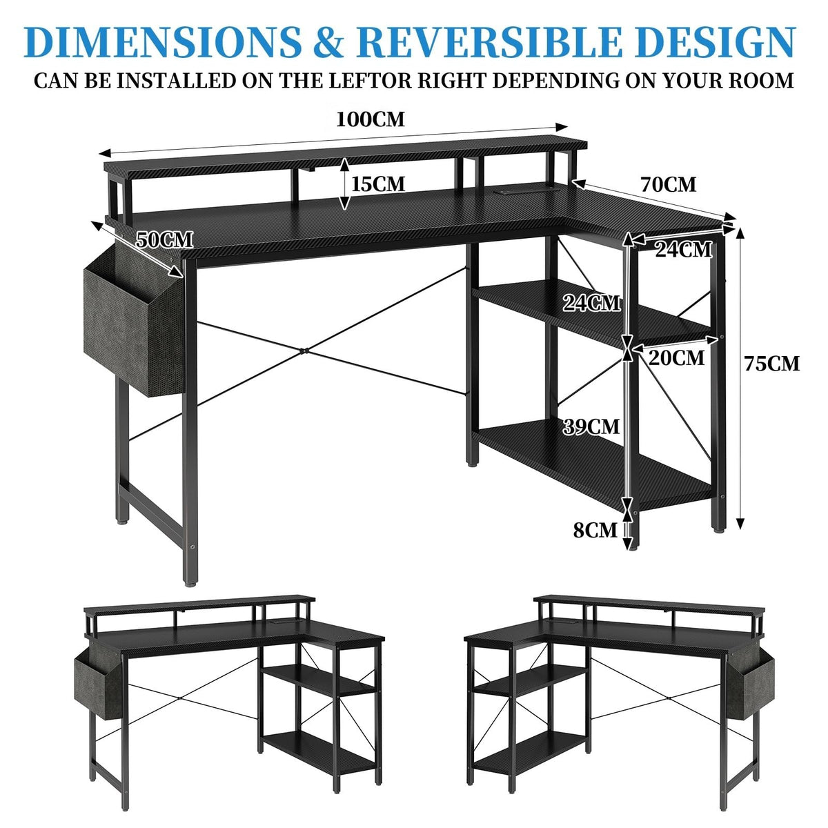 Grandder 100cm Reversible L-Shaped Gaming Desk with Power Sockets & LED Lights, Carbon Fibre Computer Table with Long Monitor Stand