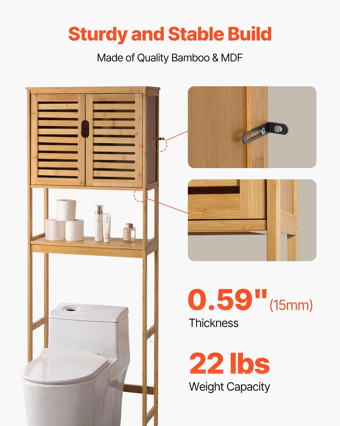 VEVOR Bamboo Over The Toilet Storage Cabinet, 68.9 in Height Bathroom Storage Organizer with Double Door & Inner Adjustable Shelf