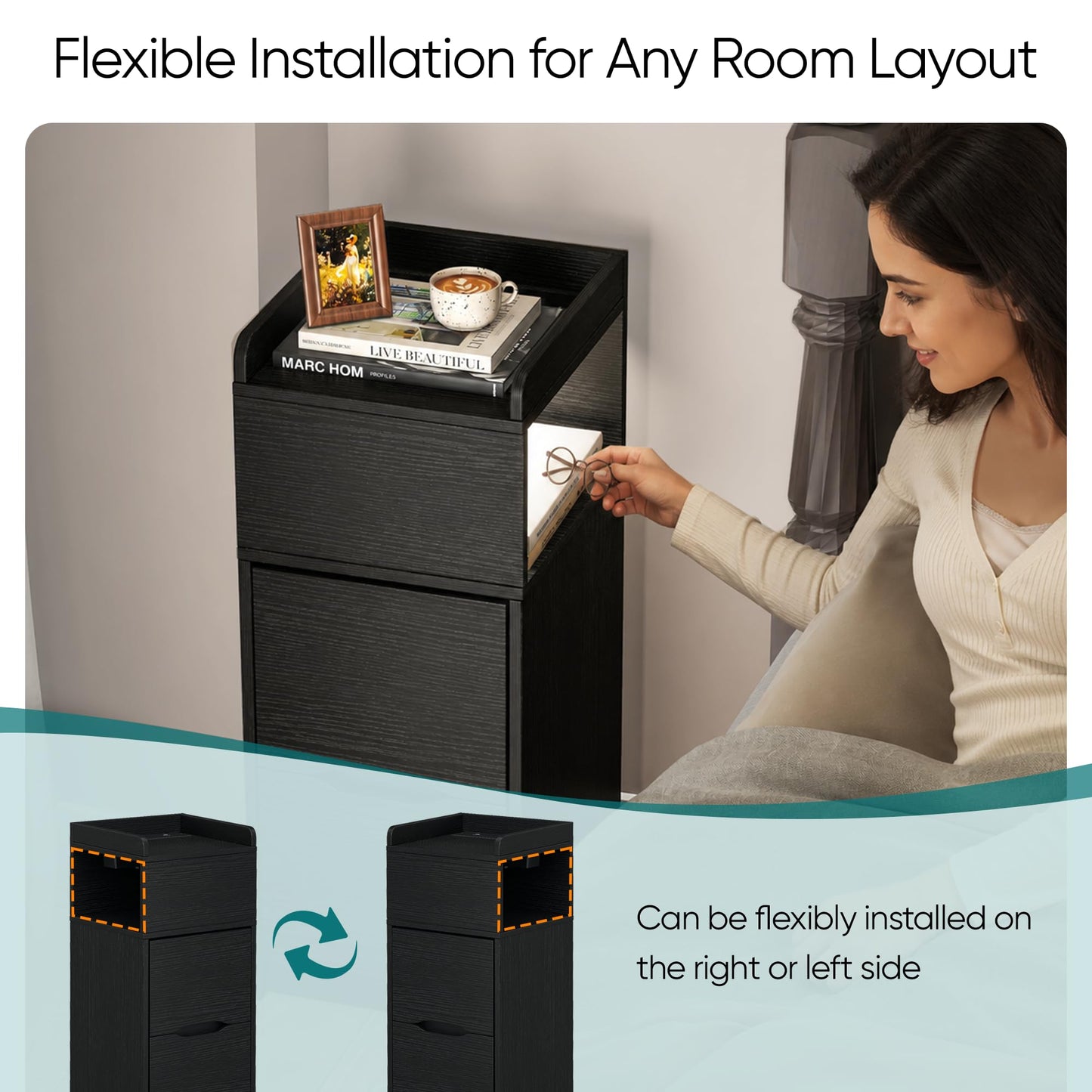 Quikraen 27cm Slim Bedside Table with Charging Station and Sensor LED Light