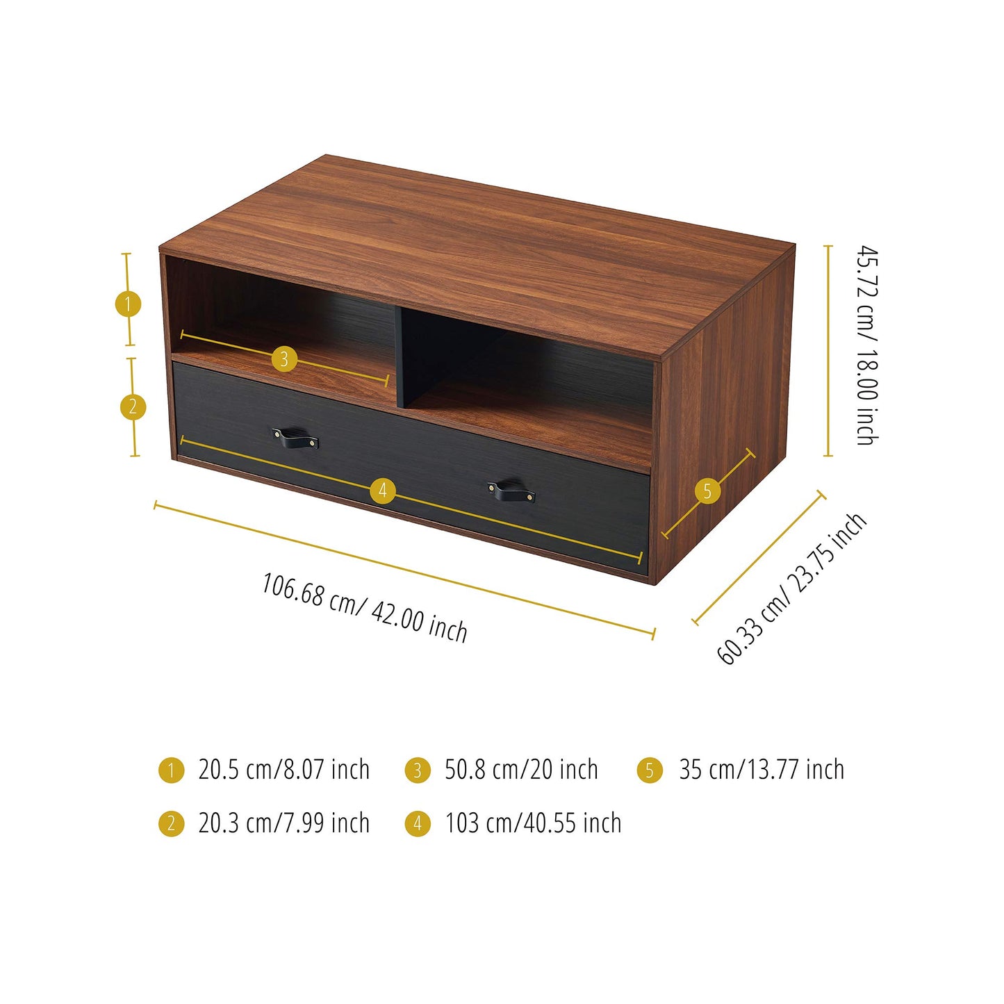 Teamson Home Modern Wooden Rectangular Coffee Table with Drawers and Storage with Leather Handle, Multi Function Coffee Table or TV Stand, Brown/Black