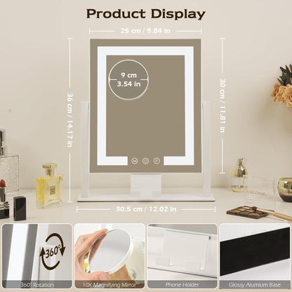 LuxeVue Vanity Mirror with Lights, 25 x 30cm LED Makeup Mirror, Lighted Makeup mirror with Dimmable 3 Modes, Smart Touch Control,360Rotation,Gifts