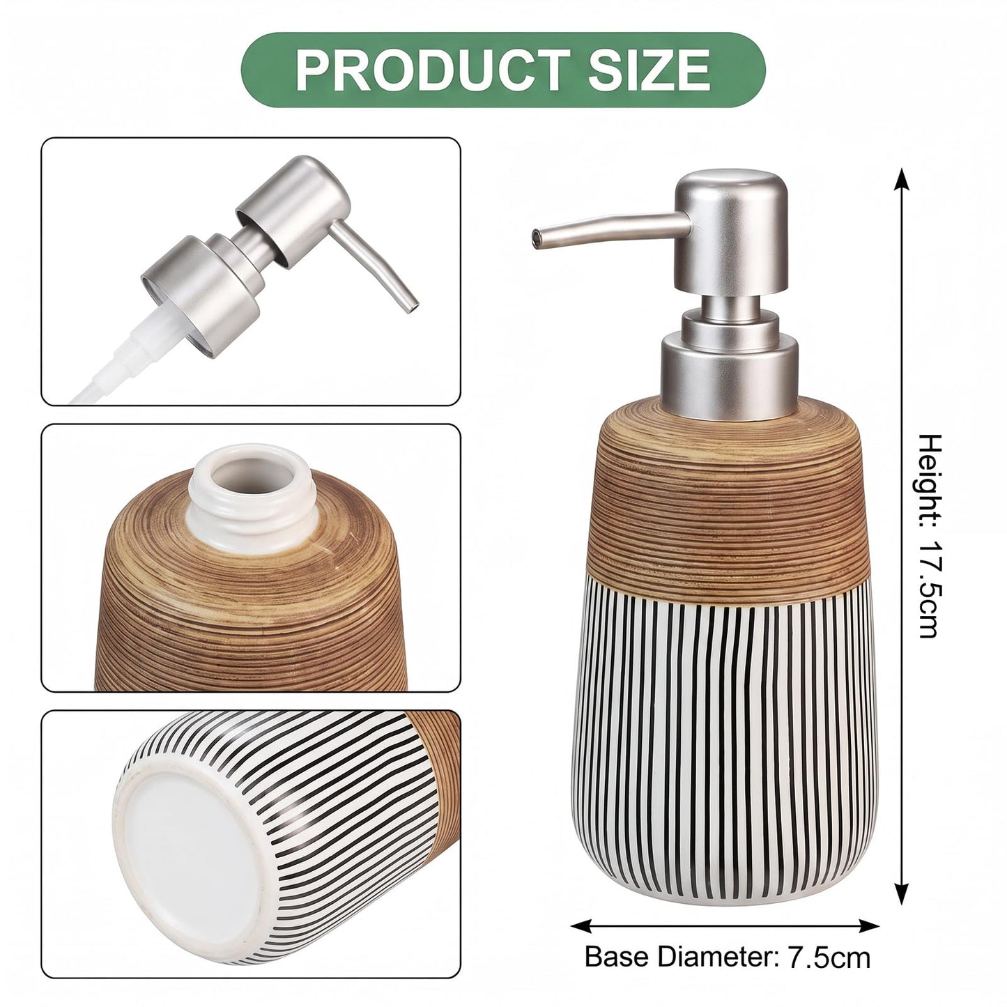 Ceramic Soap Dispenser - 420ml Liquid Dispenser Refillable Hand Lotion Pump Bottles Shampoo Conditioner Shower Gel Dish Detergent Storage Container