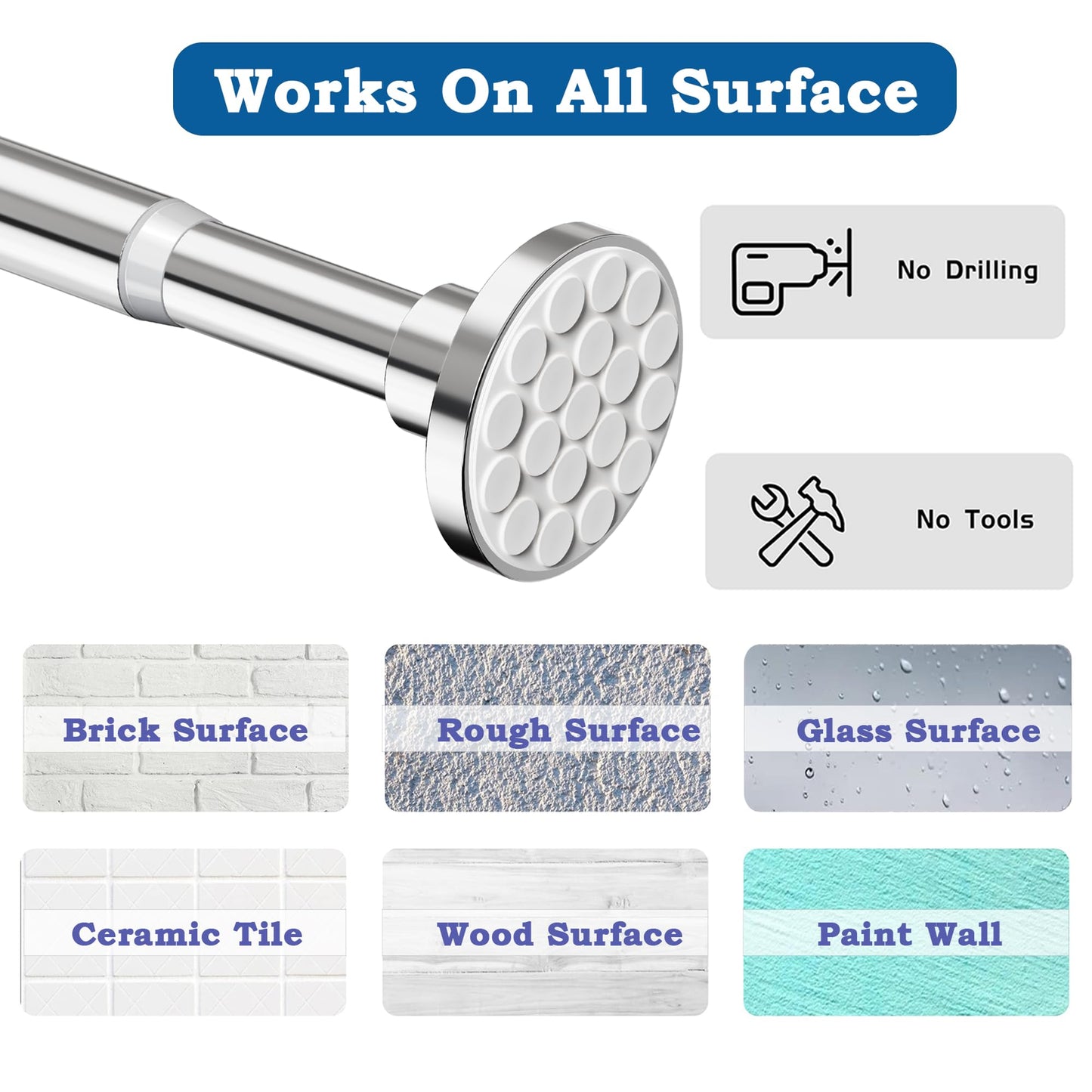 Shower Curtain Rod Extendable Tension Rod No Drilling Shower Curtain Rail Wardrobe Rail for Bathroom,Bedroom,Wardrobe (69-90CM Φ25mm)