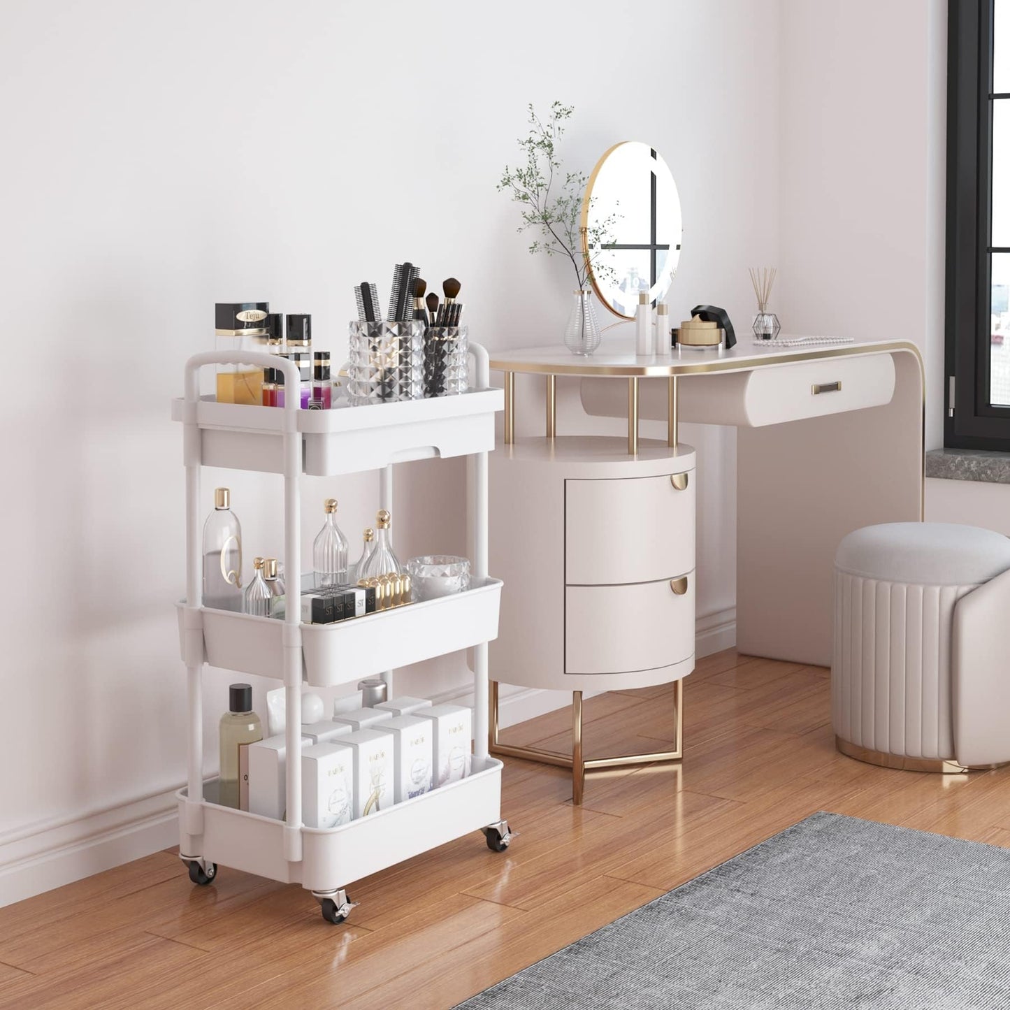 Wuciray Beauty Trolley on Wheels 3 Tier Storage Trolley with Drawer Plastic Beauty Trolleys Rolling Utility Cart Craft Trolleys on Wheels for Home
