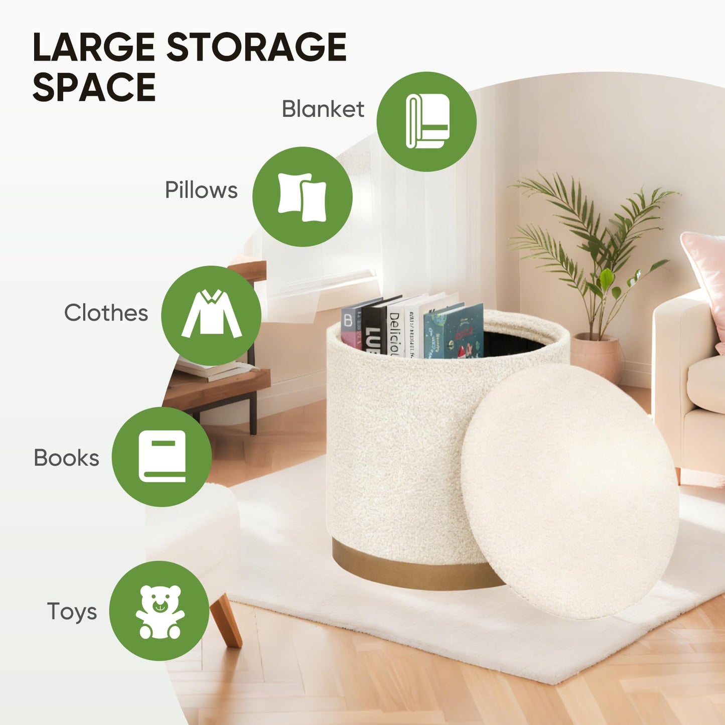 Bonlife Large Round Ottoman with Storage, Folding Footstool with Lid