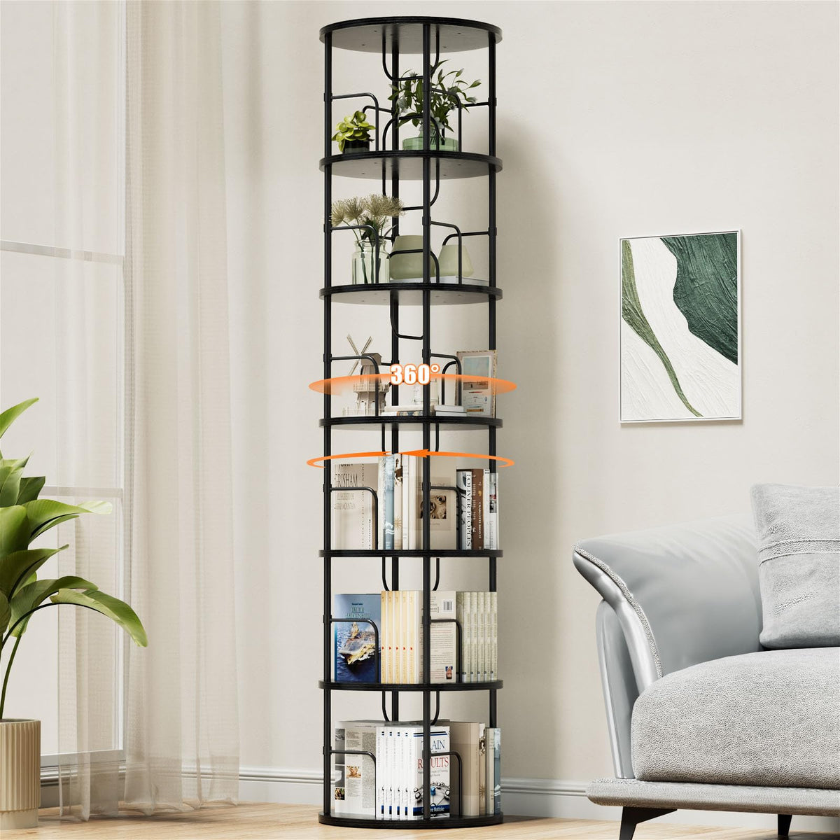 OCTORO 6 Tier Rotating Bookshelf, 360° Corner Bookshelf Tower, Round Revolving Bookcase with Adjustable Levels, Spinning Book Shelf for Home Office