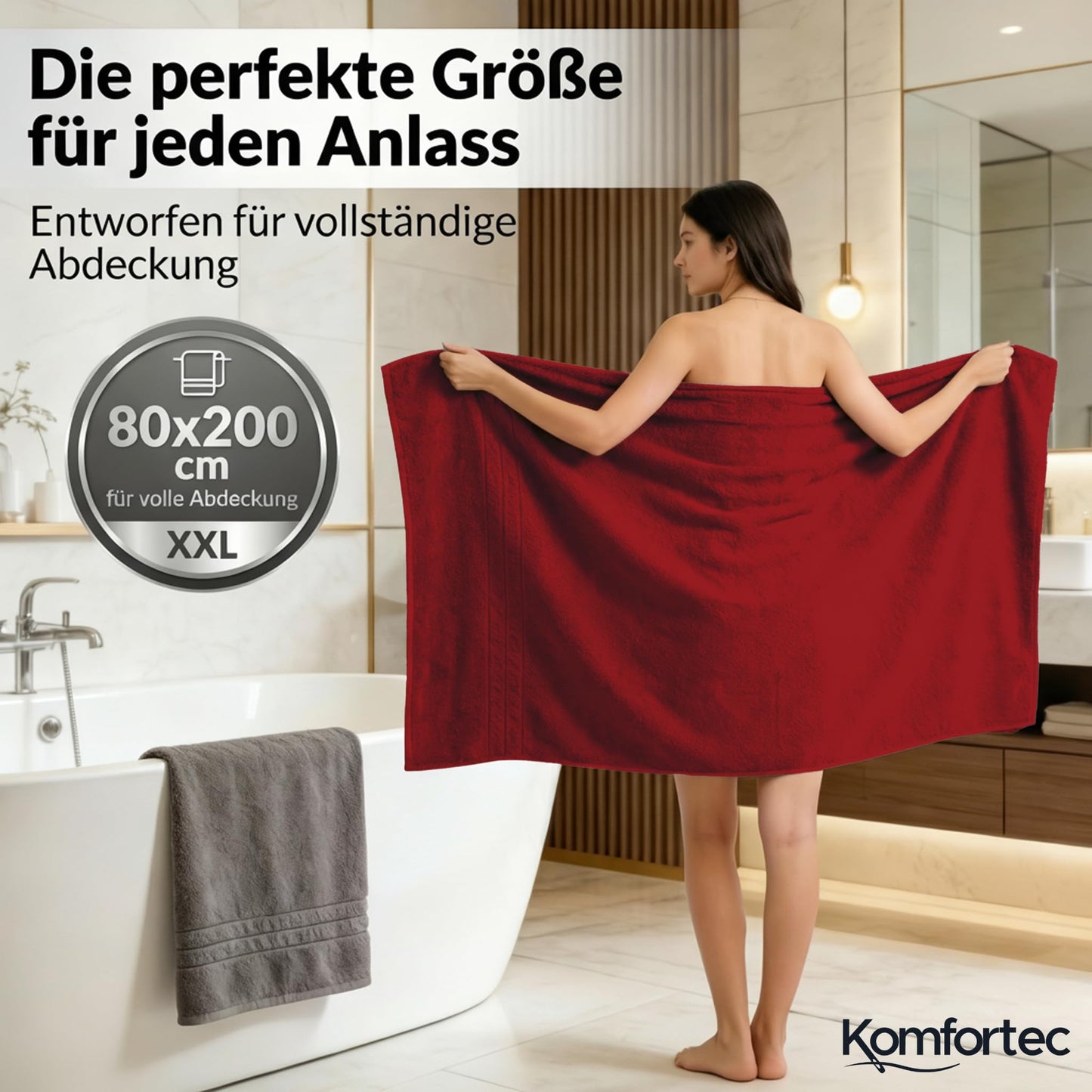 Komfortec Jumbo Bath Towels, 100% Cotton, Quick Dry, 80x200, Grey & Red