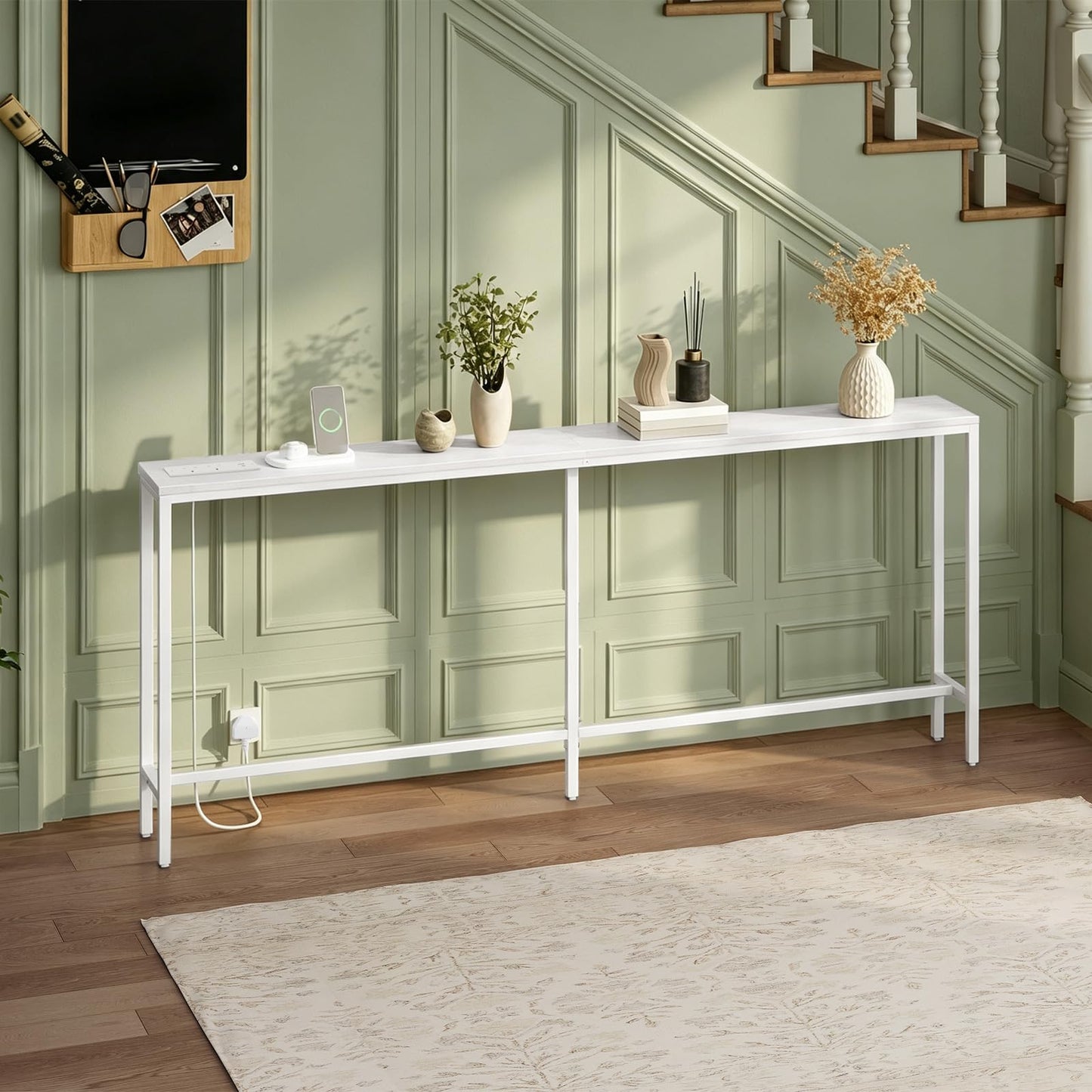 MAHANCRIS Console Table with Power Outlet, 200 cm Narrow Sofa Table, Industrial Entryway Table with USB Ports, Behind Couch for Entryway, Hallway