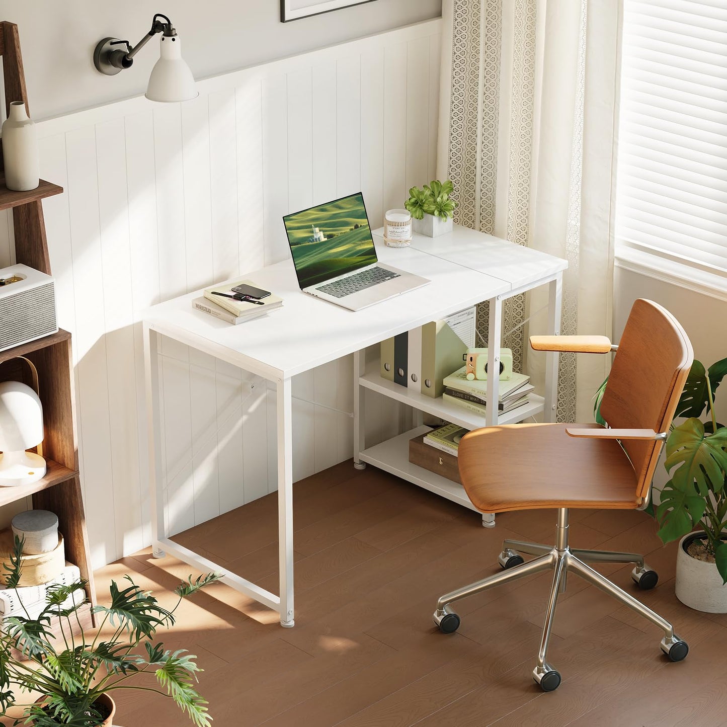 ODK Desk with Storage Shelves, Small Computer Desk, 100 x 48 cm, White