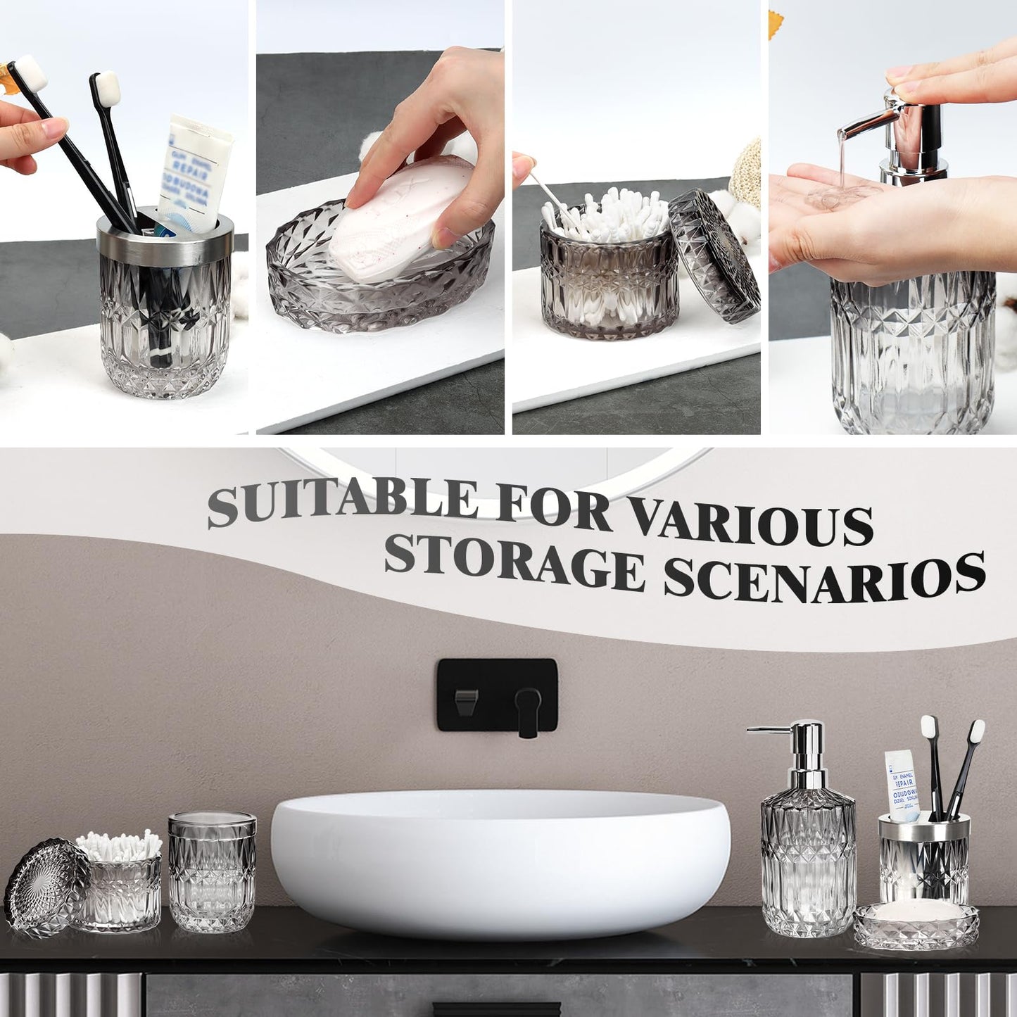 Glass Bathroom Accessories Set of 5, Gradient Smoke Gray Organizer Kit