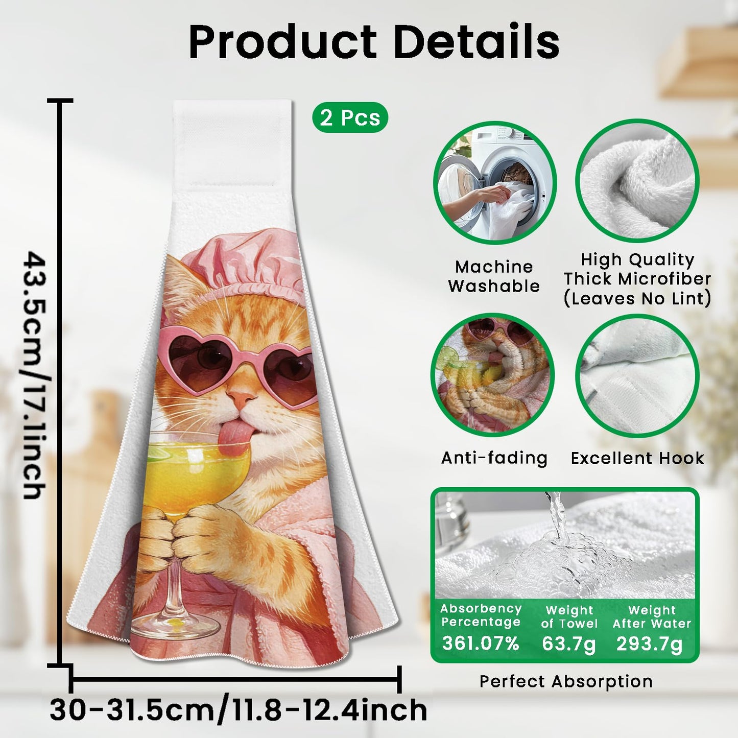 CUTHOLLOW 2 Pcs Funny Cat and Cocktail Hanging Kitchen Towels with Loop