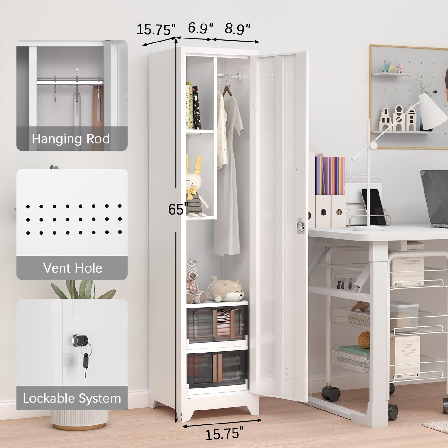 GREATMEET Broom Closet Storage Cabinet, Metal Utility Cabinet, Tall Laundry Room Cabinet, Slim Storage Cabinets for Laundry, Living Room, Office