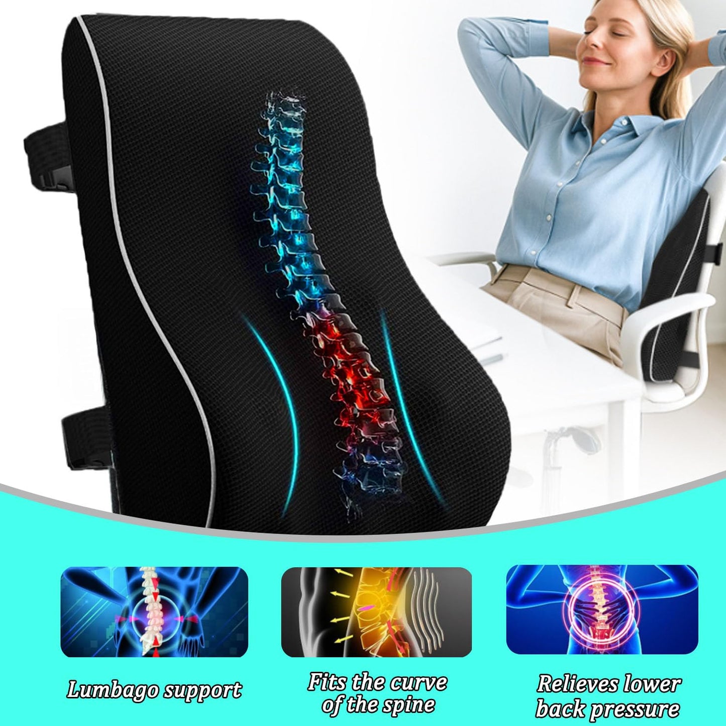 huixiaoqing Memory Foam Lumbar Support Pillow for Office Chair, Car & Wheelchair, Breathable Mesh Cover with Double Adjustable Straps