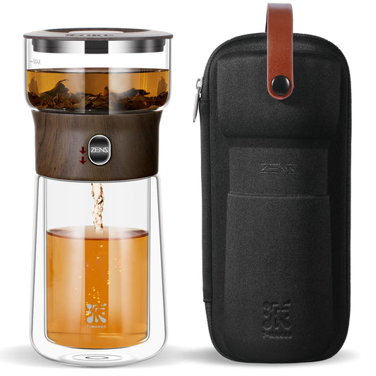 ZENS Modern Solo Tea Infuser Teapot, Smart One Touch Drip Tea Pot for Loose Tea Diffusers, Small Glass Gongfu Teapot with 270ml Insulated Cup and