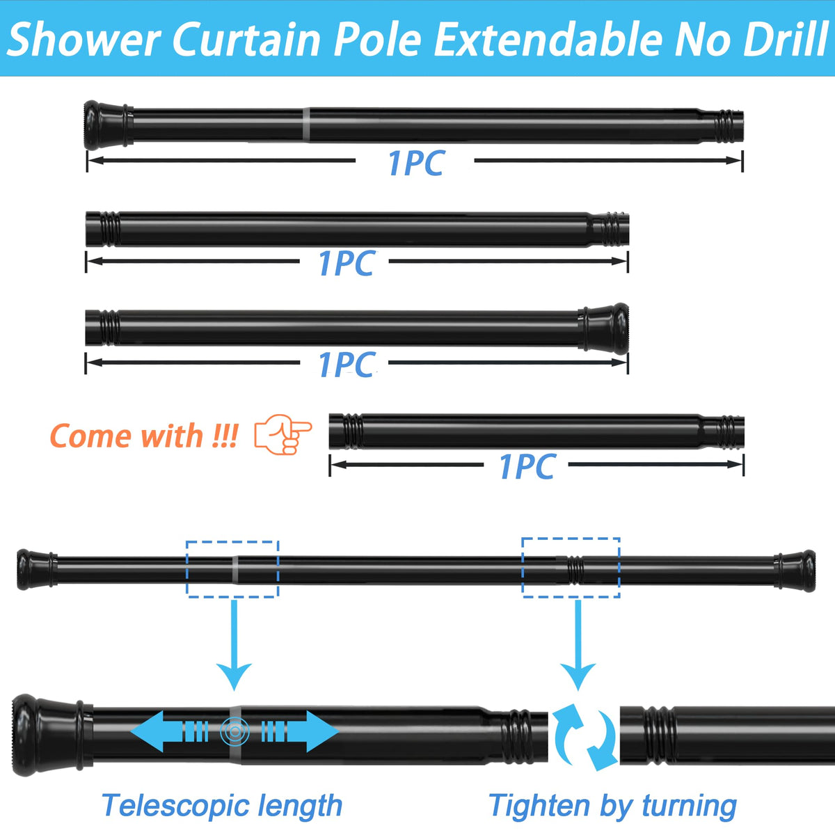 1PC Tension Rod No Drill Shower Curtain Pole Extendable Curtain Poles Shower Curtain Rail for Bathroom, Window, Door, Wardrobe