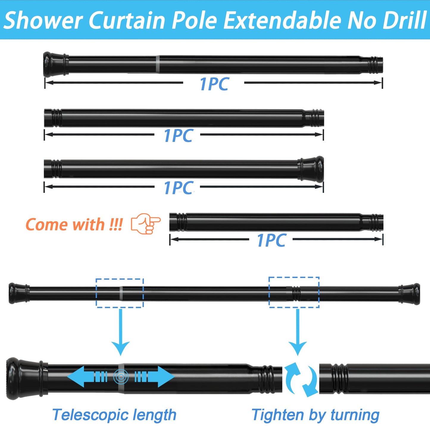 1PC Tension Rod No Drill Shower Curtain Pole Extendable Curtain Poles Shower Curtain Rail for Bathroom, Window, Door, Wardrobe