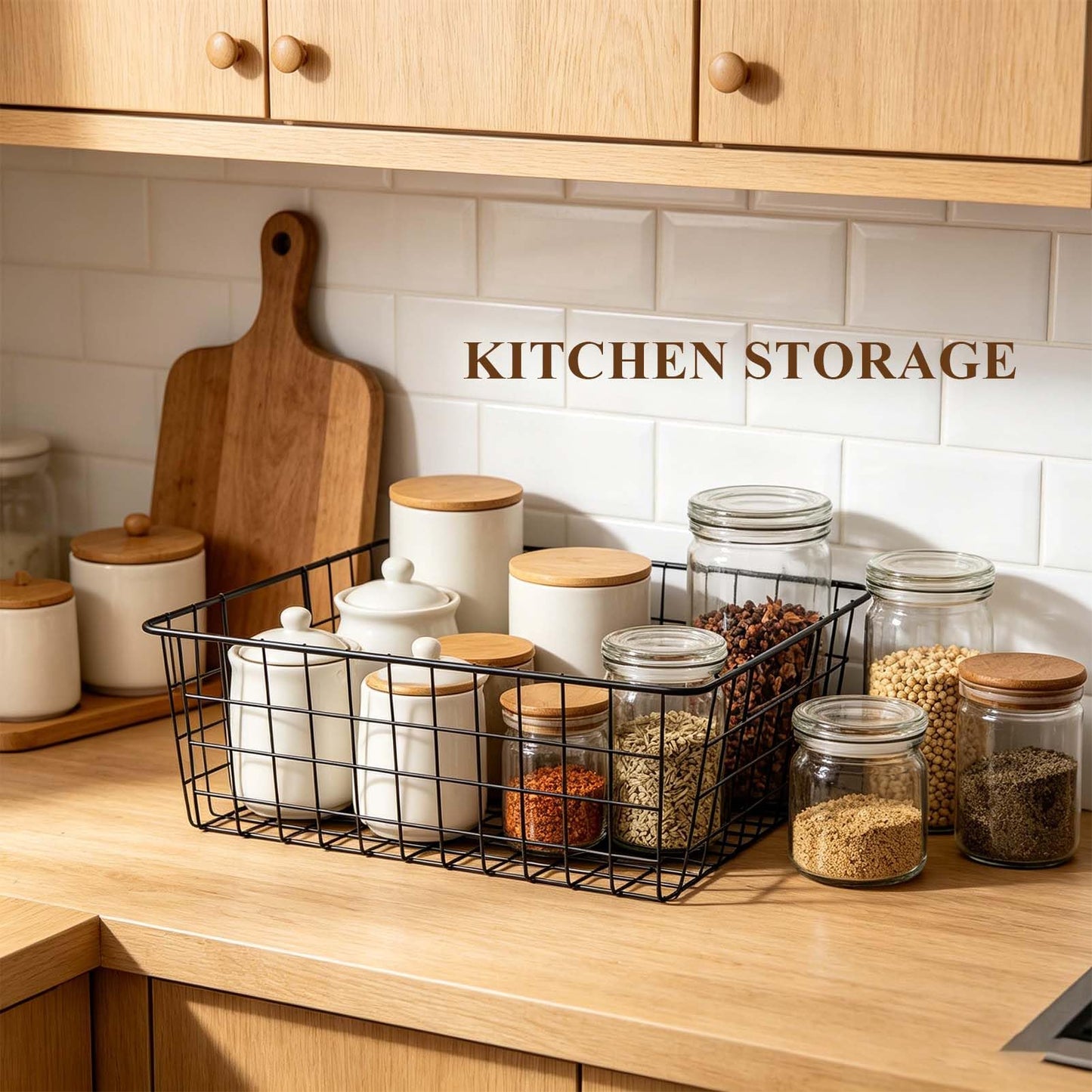 2 Metal Wire Storage Basket with Handles for Kitchen Cabinet Bedroom Bathroom Heavy Duty Rust Resistant Mesh Design Ideal for Organizing Household