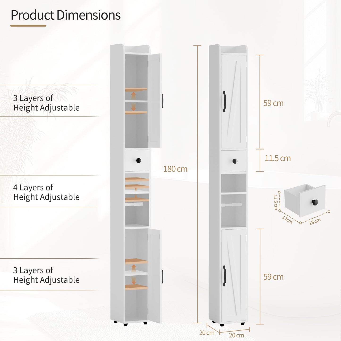 BonVache Tall Bathroom Storage Cabinet, Slim Storage Unit with Adjustable Shelves, Bathroom Shelves Cupboard for Kitchen Hallway Living Room Bedroom