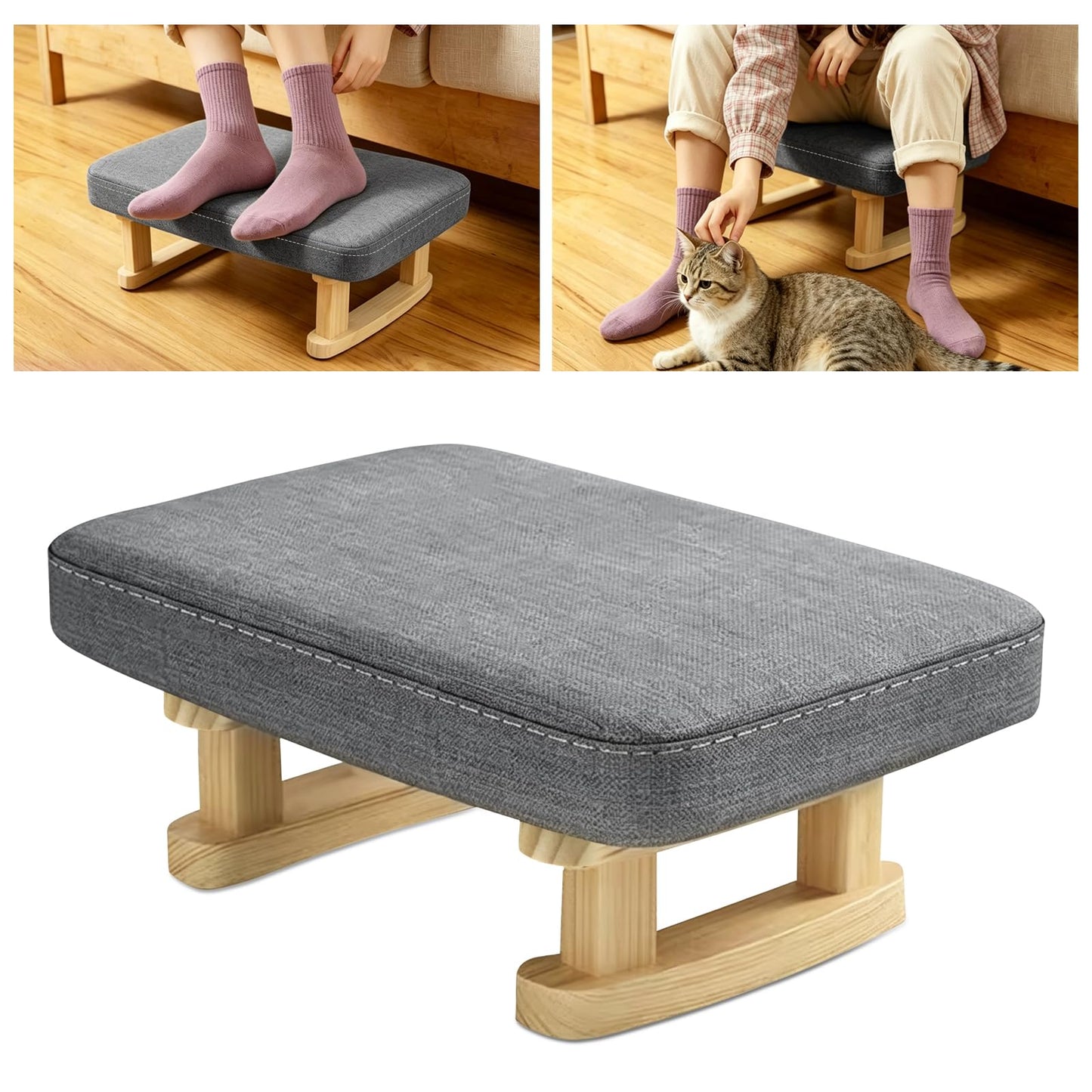 JJoexyfit Multi-Functional Foot Stool with Solid Wood Legs, Linen Fabric