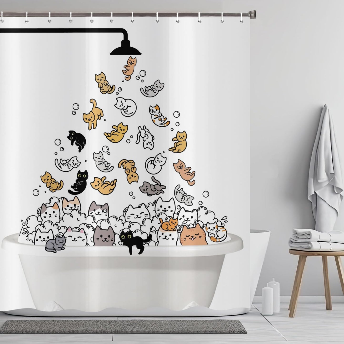 ASDCXZ Funny Cat Shower Curtain 180x200 cm, Cute Cartoon Colorful Kitten Kids Bathroom Animal Hilarious Waterproof Bath Curtain Polyester Textile