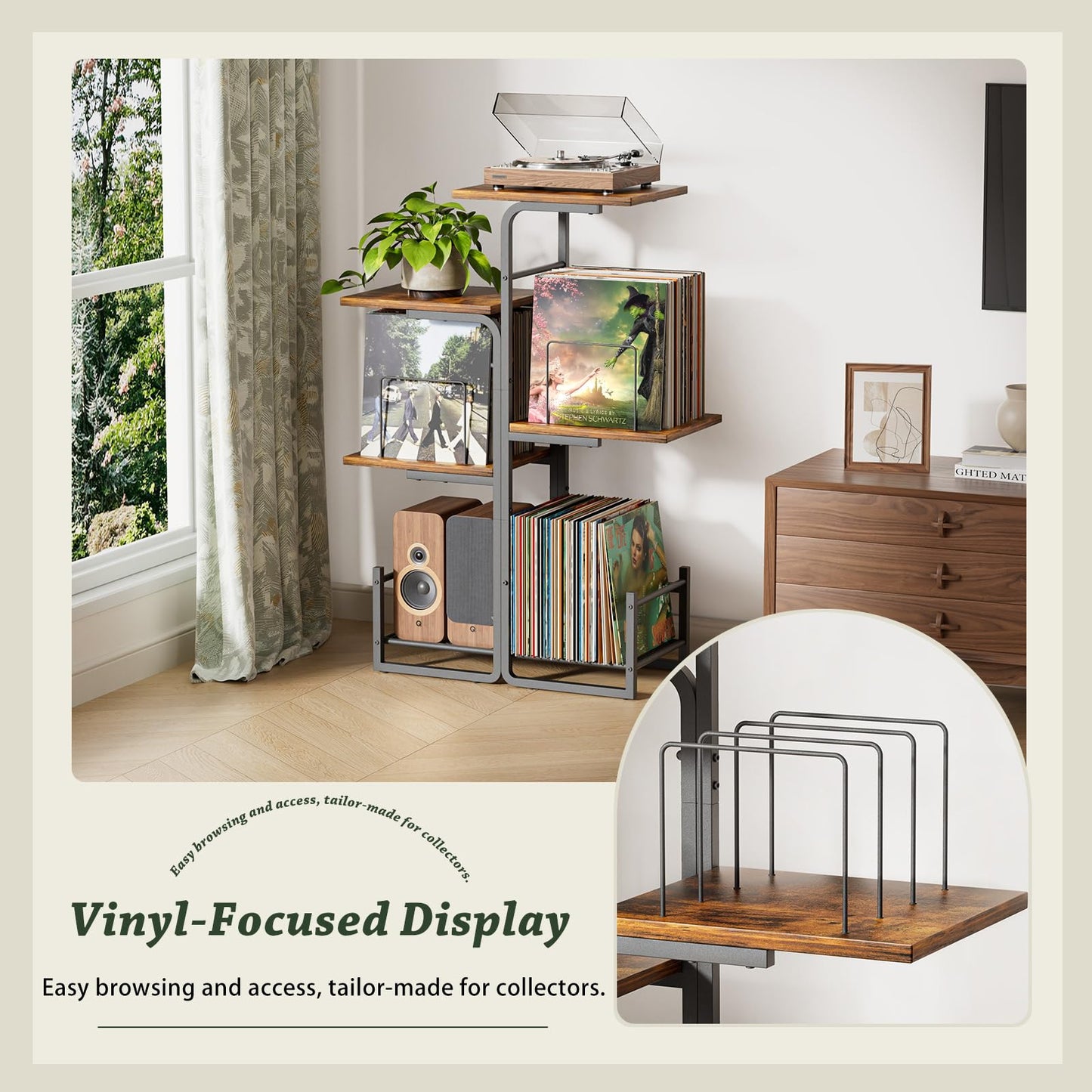 Bikoney Planter Record Player Stand with LP Vinyl Display Shelf
