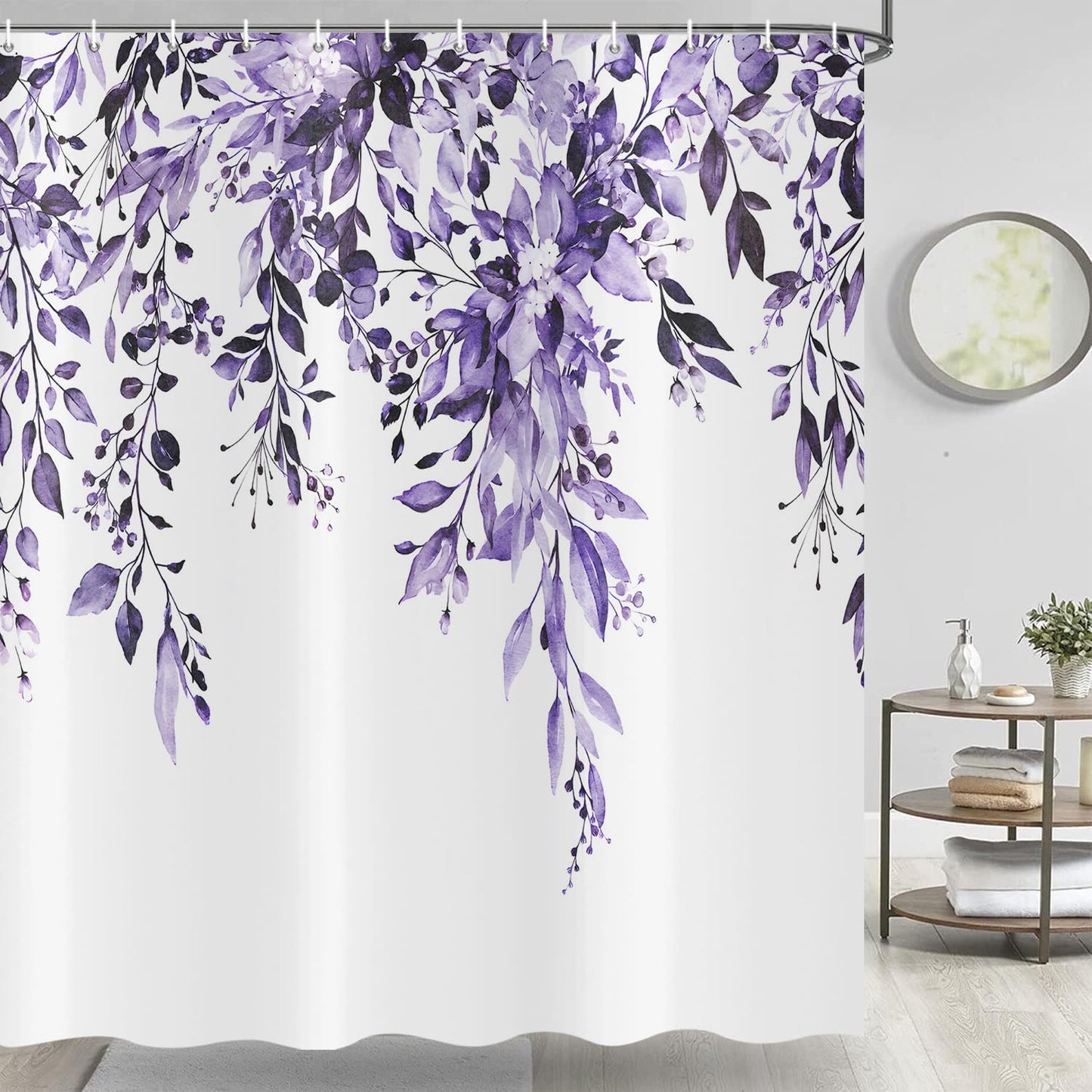 ASDCXZ Purple Eucalyptus Shower Curtain 180x200 cm, Spring Watercolor Eucalyptus Leaves Floral Plants Waterproof Bath Curtain Polyester Textile