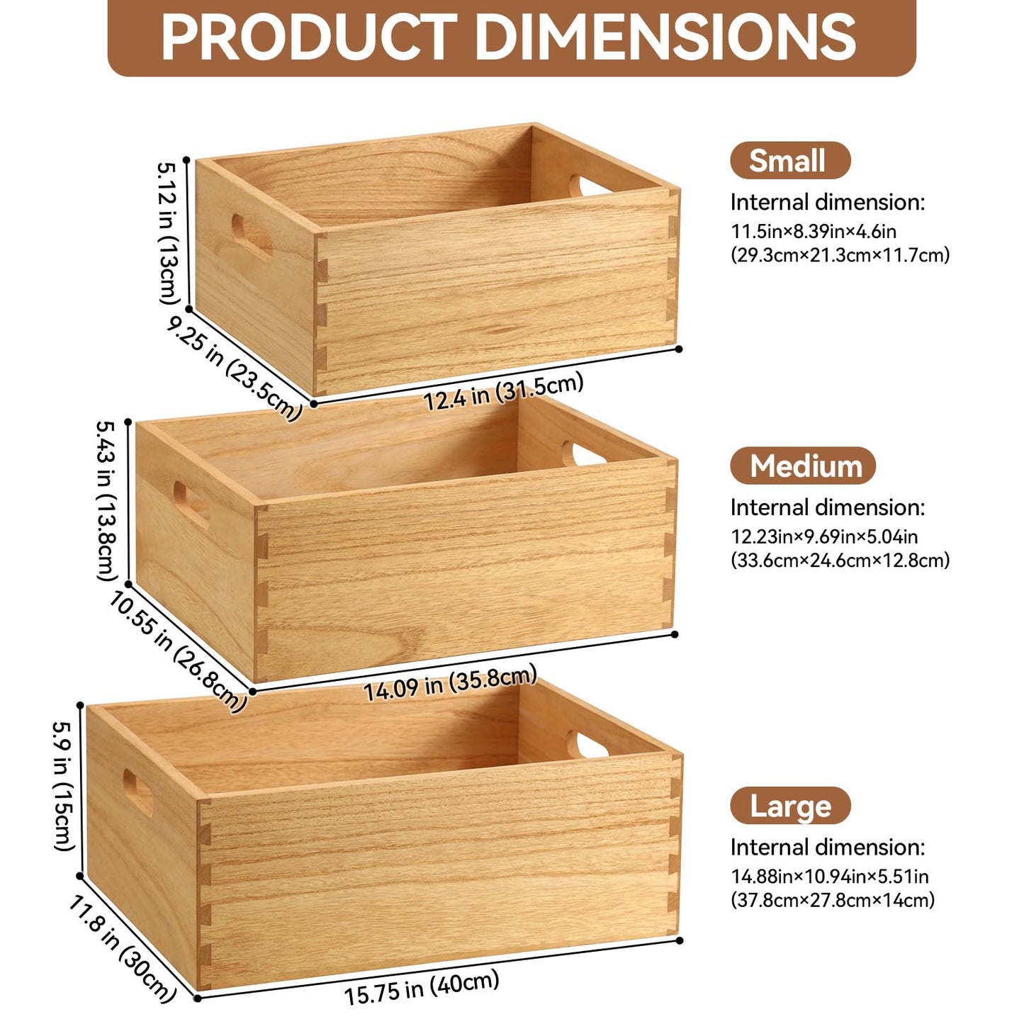 KIRIGEN Wooden Storage Crates with Handles, Set of 3, Natural