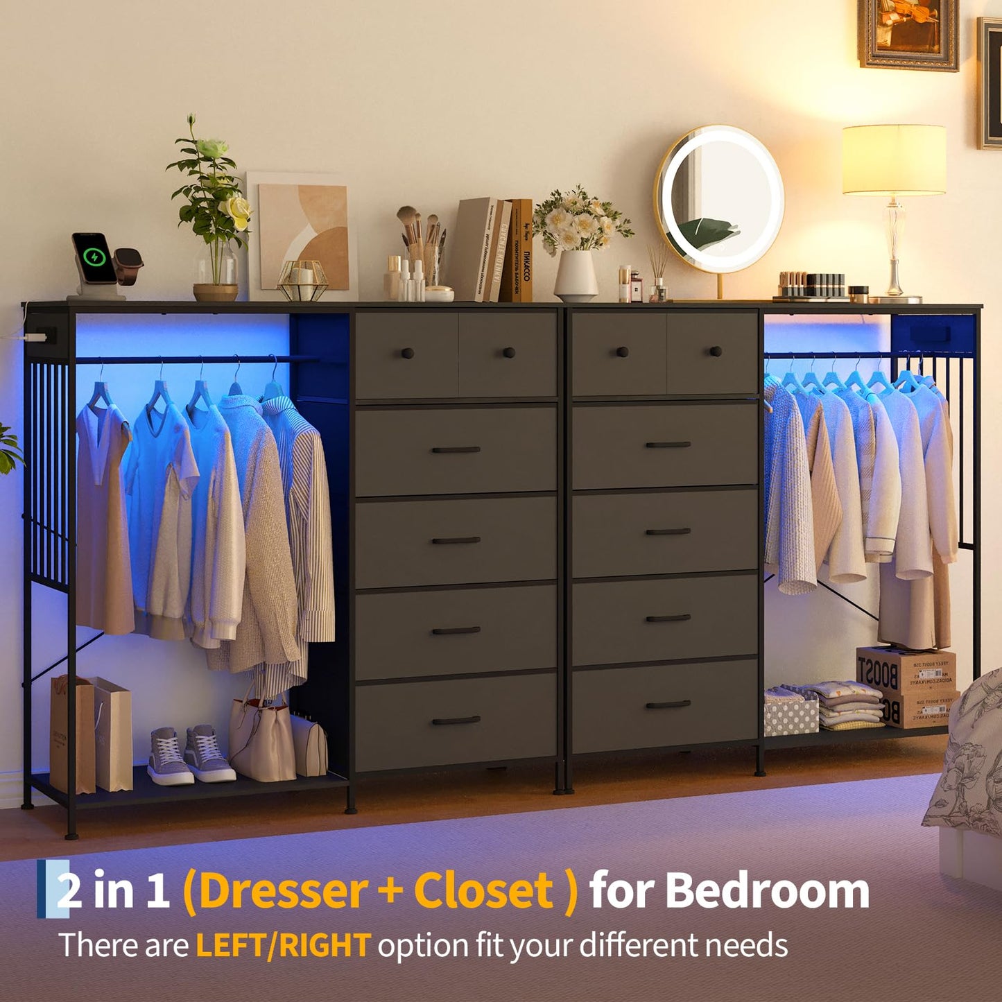 GarveeLife 49.2" w Drawer Cabinet with Hanging Rod - Metal Frame Drawer Cabinet, 6 Drawer Storage Cabinet, Led Lights & Charging Station