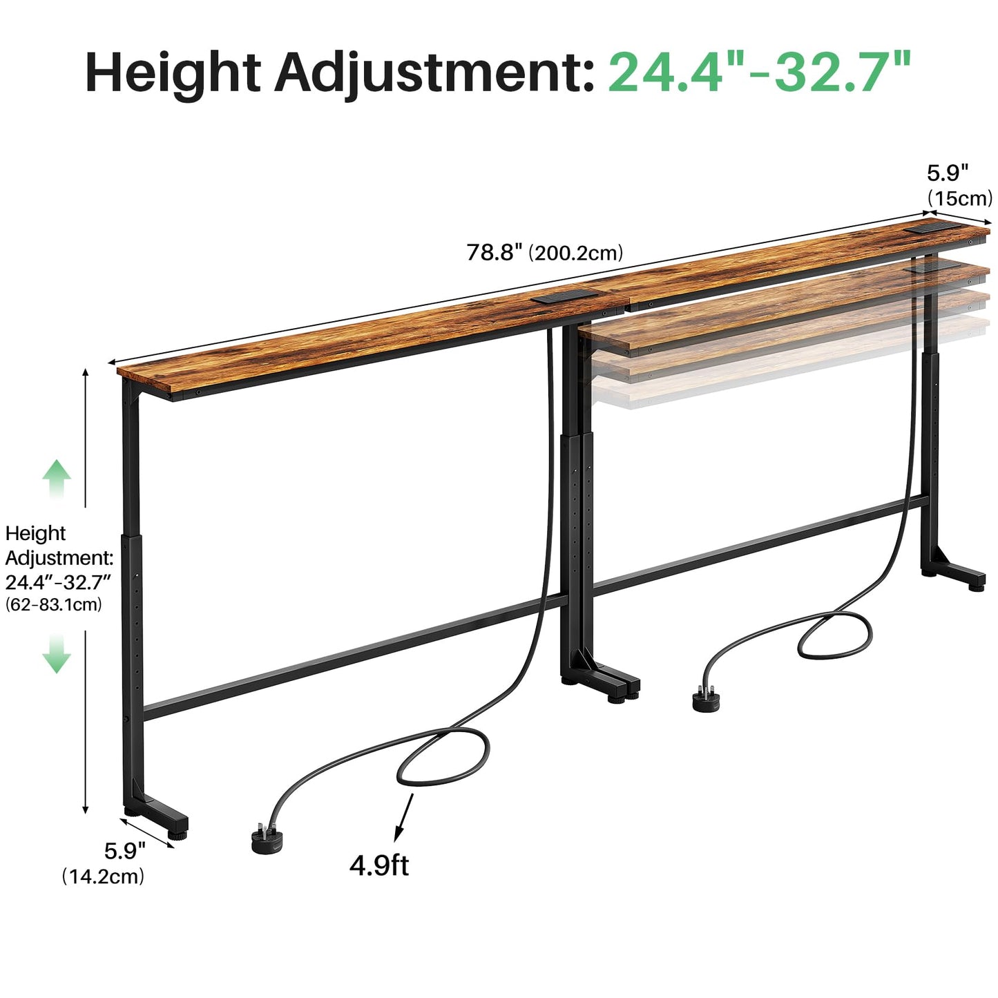 Kitstorack 2-Pack Narrow Console Table with Adjustable Height (25"-33") & 2 Power Outlets, Skinny Behind Couch Table