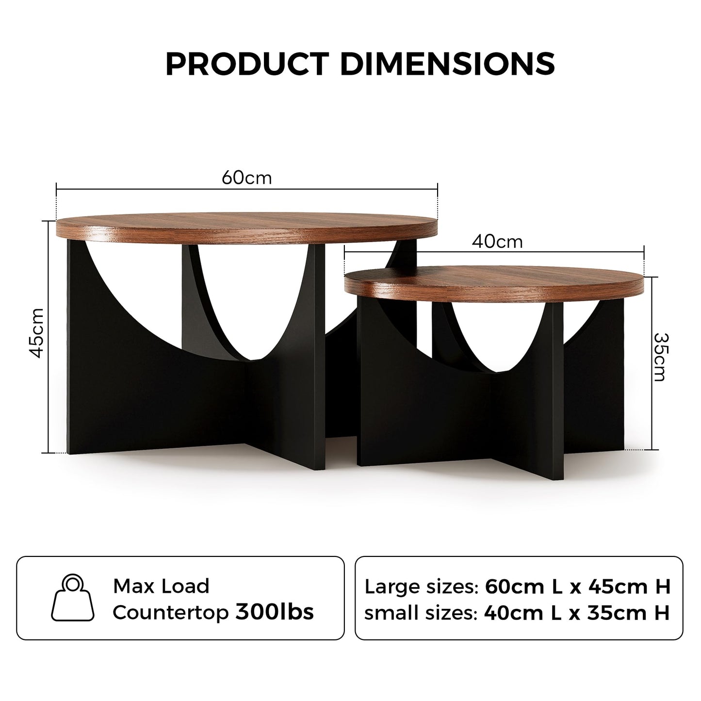 IRONCK Nesting Coffee Table Set of 2, Round Wooden Side Tables, Walnut